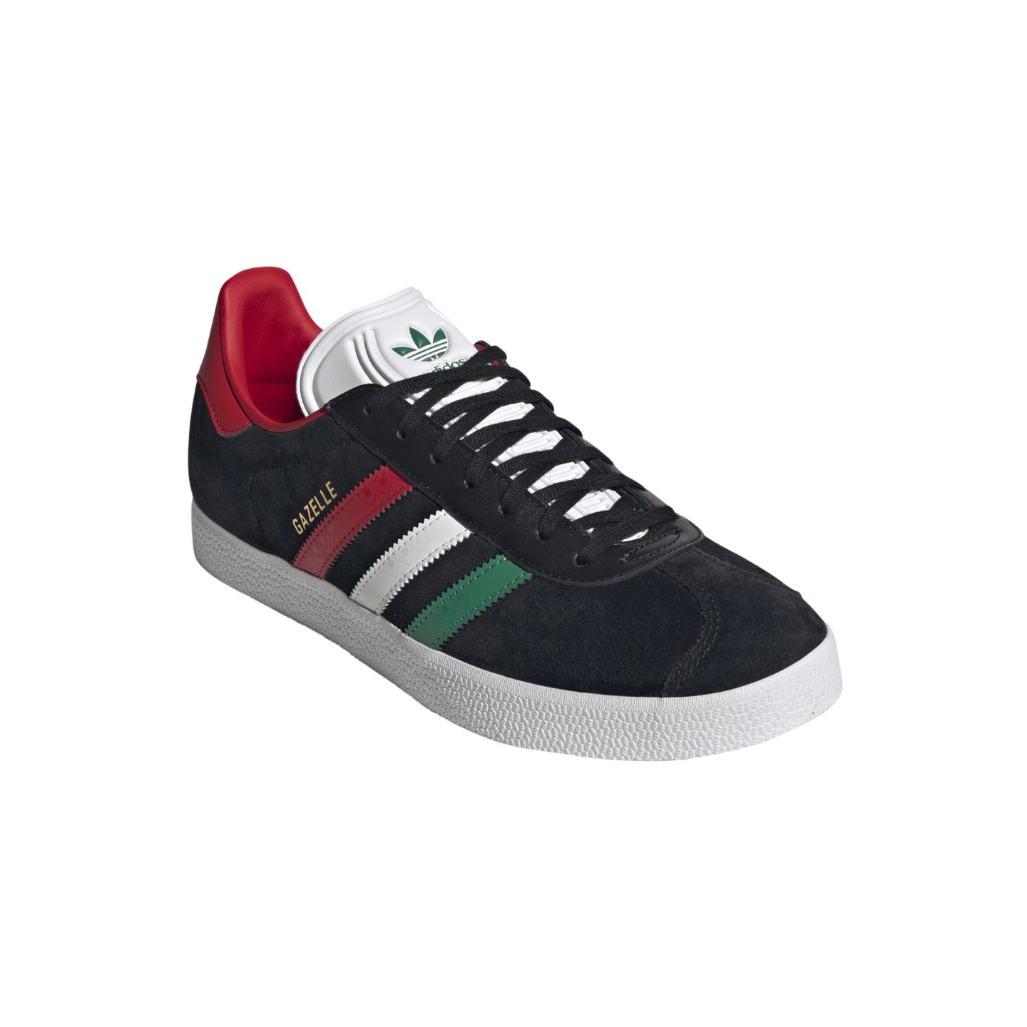 A black suede Adidas Gazelle sneaker with red, white, and green stripes and a textured white sole, isolated against a black background.