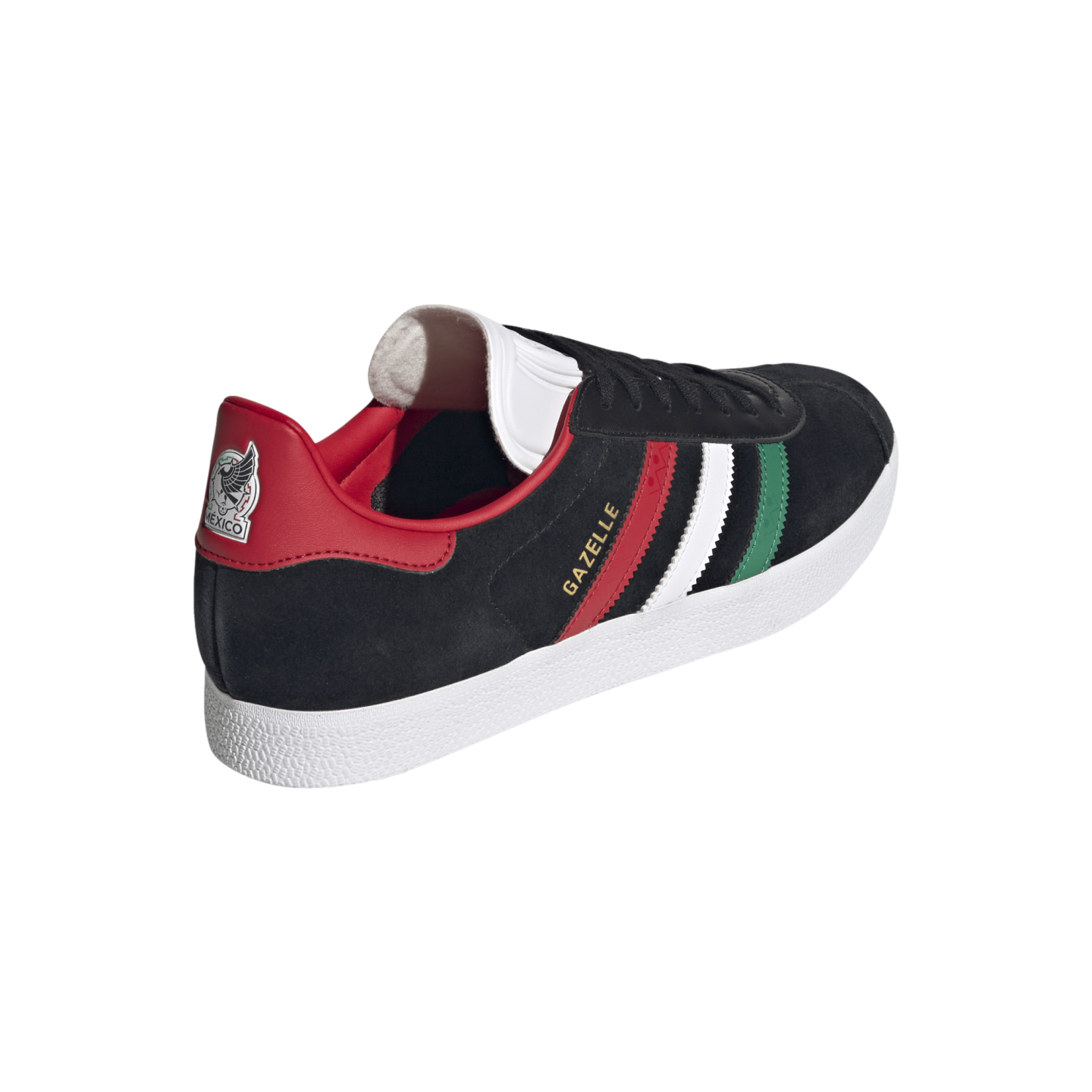 Black Adidas Gazelle sneaker with red, white, and green stripes. Features a red heel tab with a white Mexico logo and a white textured sole.
