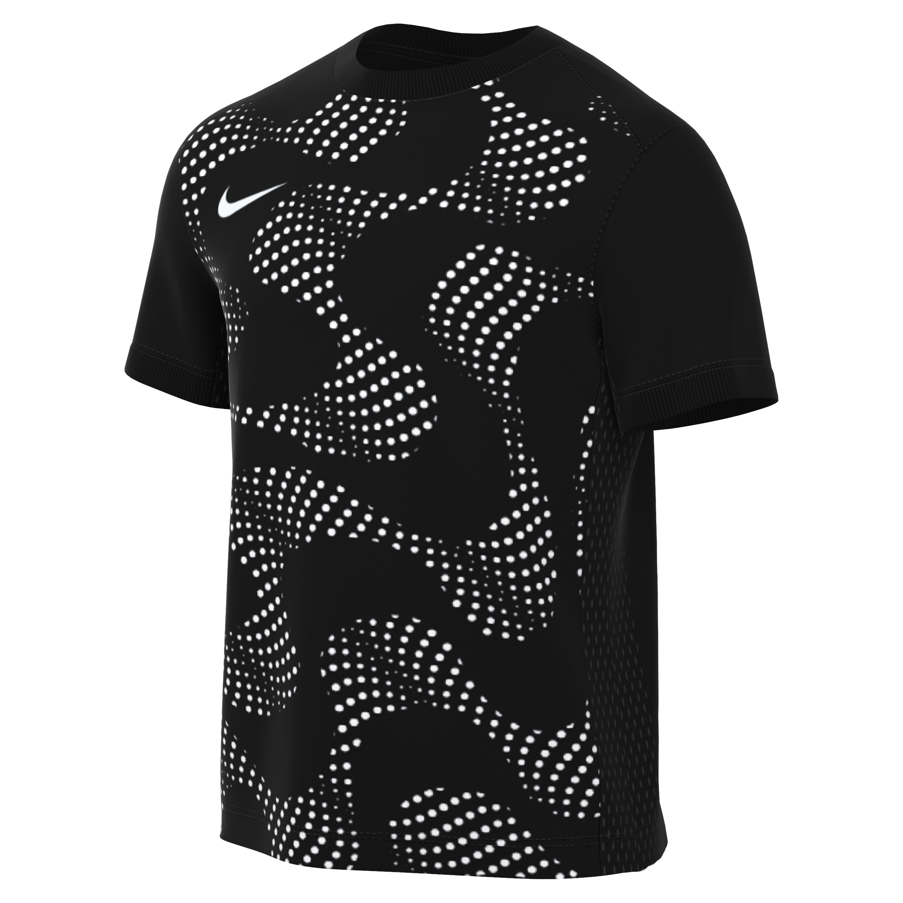 A black Nike short-sleeve athletic t-shirt featuring a white swoosh and a dynamic, wavy white dotted pattern on the front and side.