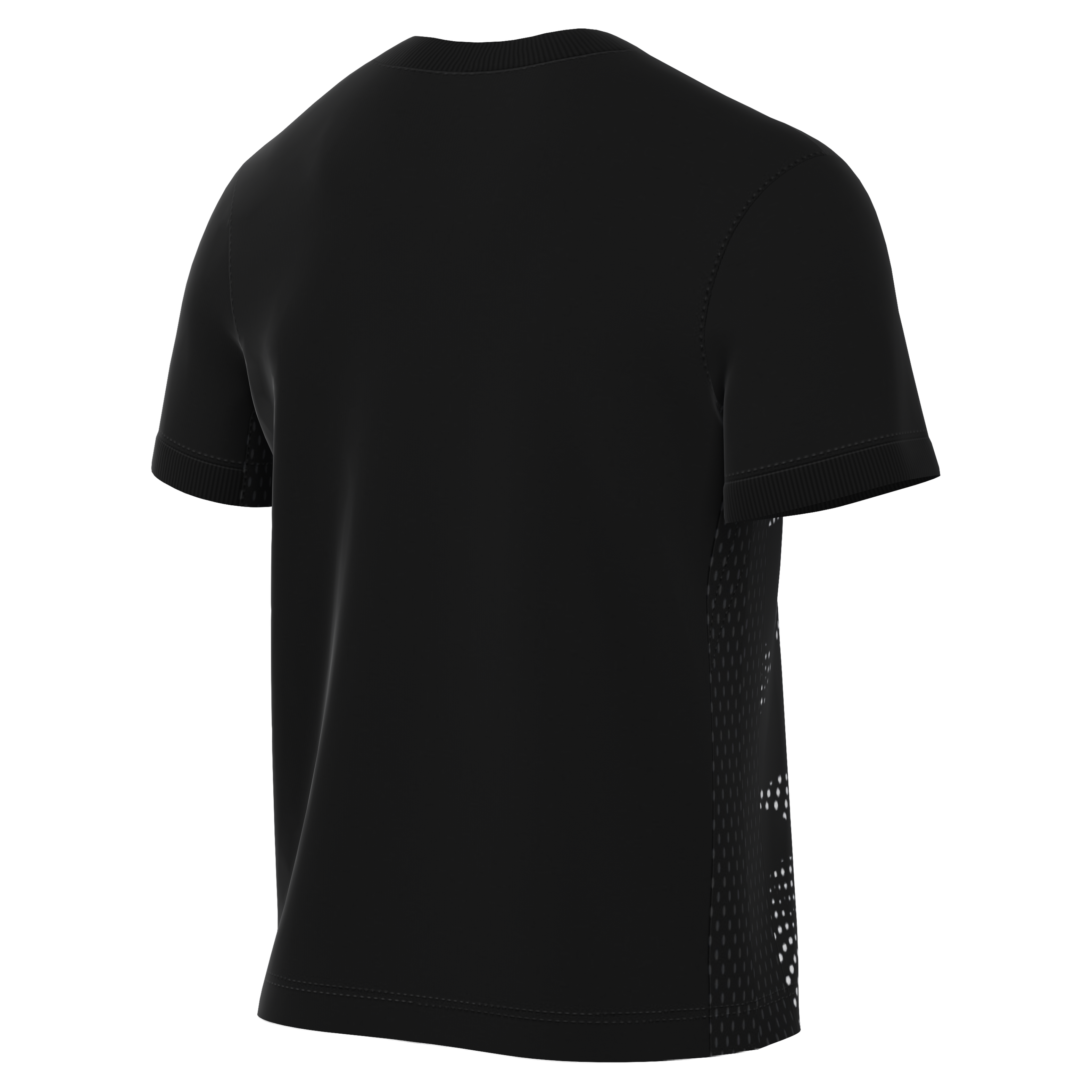 Rear view of a black short-sleeved t-shirt featuring a white perforated side panel and ribbed trim, against a black background.