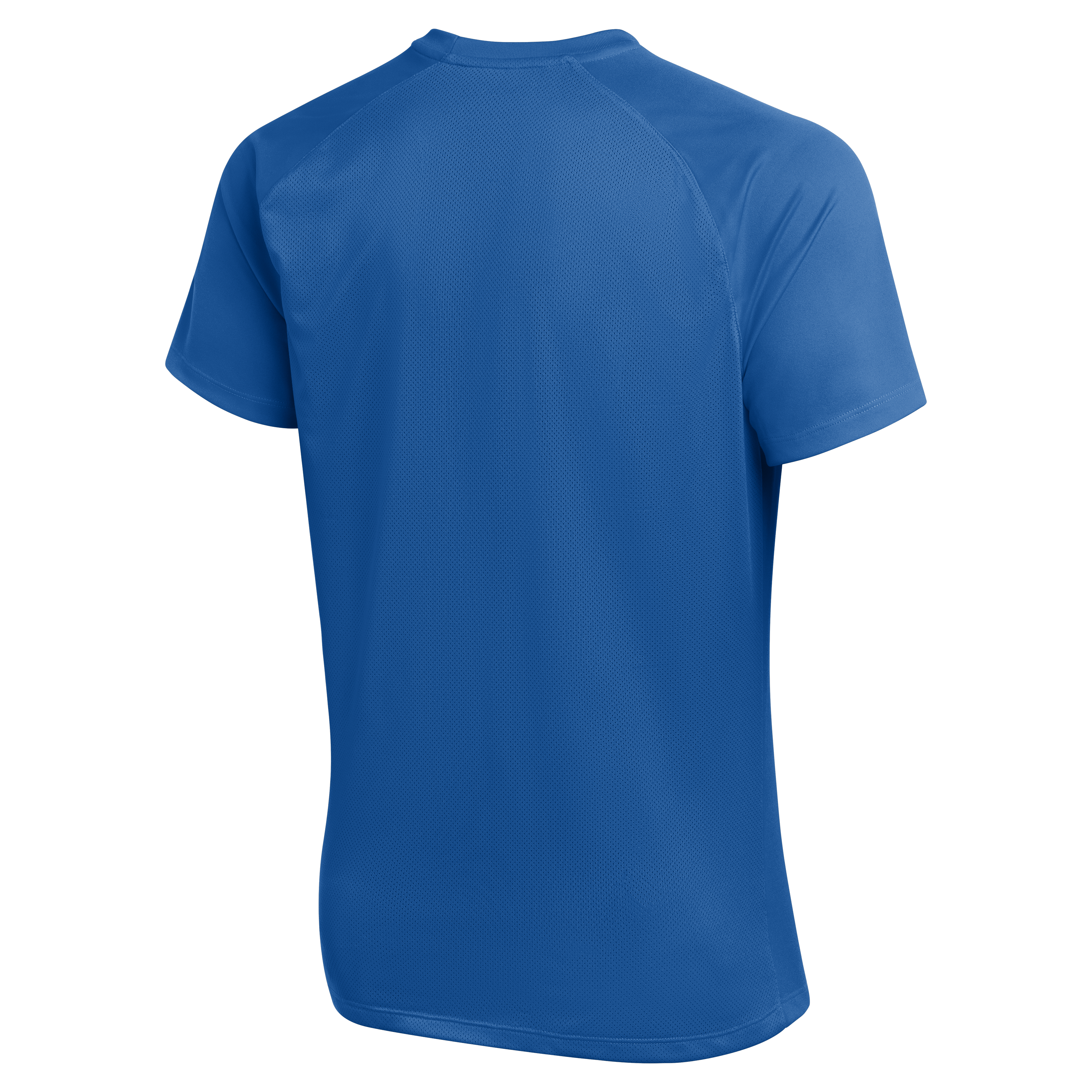 Back view of a blue short-sleeved athletic t-shirt with raglan sleeves and a fine mesh texture.