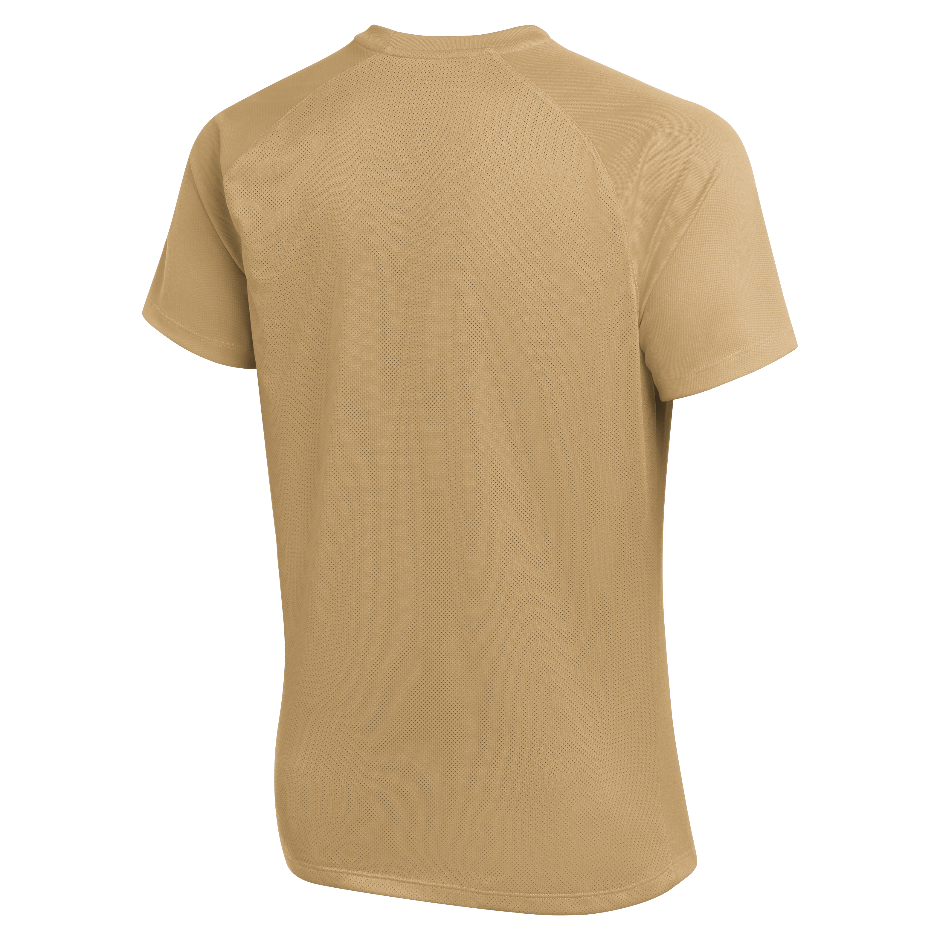 Back view of a tan short-sleeved athletic t-shirt with raglan sleeves and a textured, breathable mesh fabric.