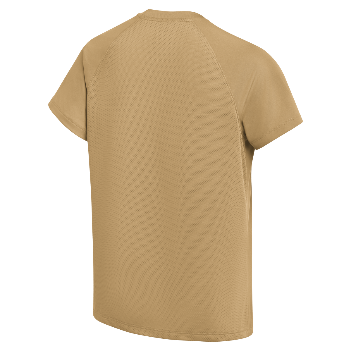 Back view of a tan, short-sleeved athletic t-shirt featuring raglan sleeves and a breathable mesh fabric texture.