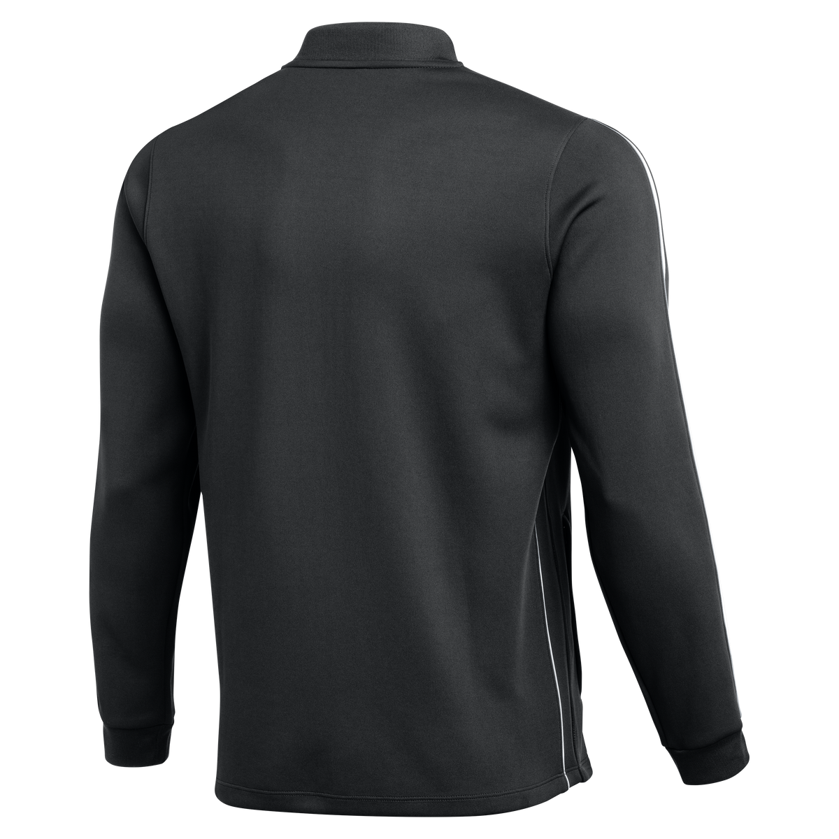 Back view of a black athletic jacket with white side stripes and ribbed collar and cuffs.
