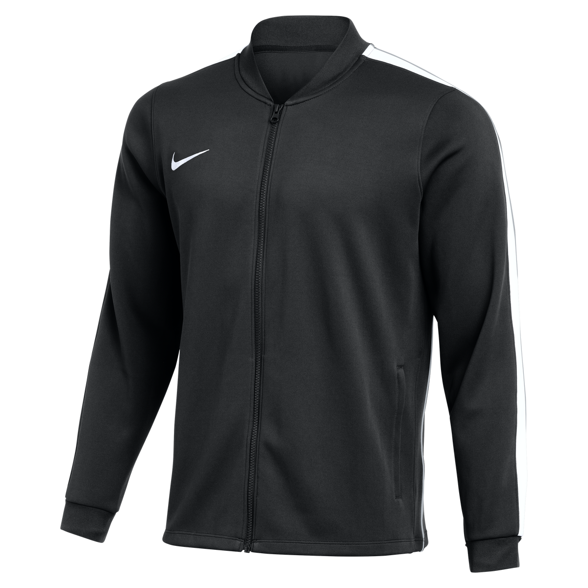 A black Nike zip-up track jacket with a white swoosh logo on the chest and white stripes down the sleeves.