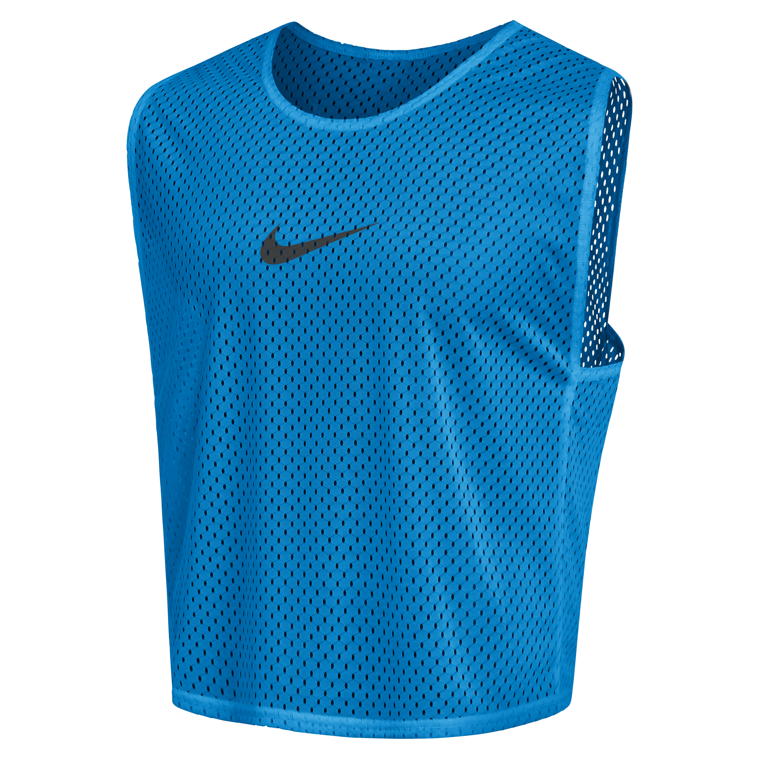 Bright blue mesh Nike training bib with a black swoosh logo on the chest.