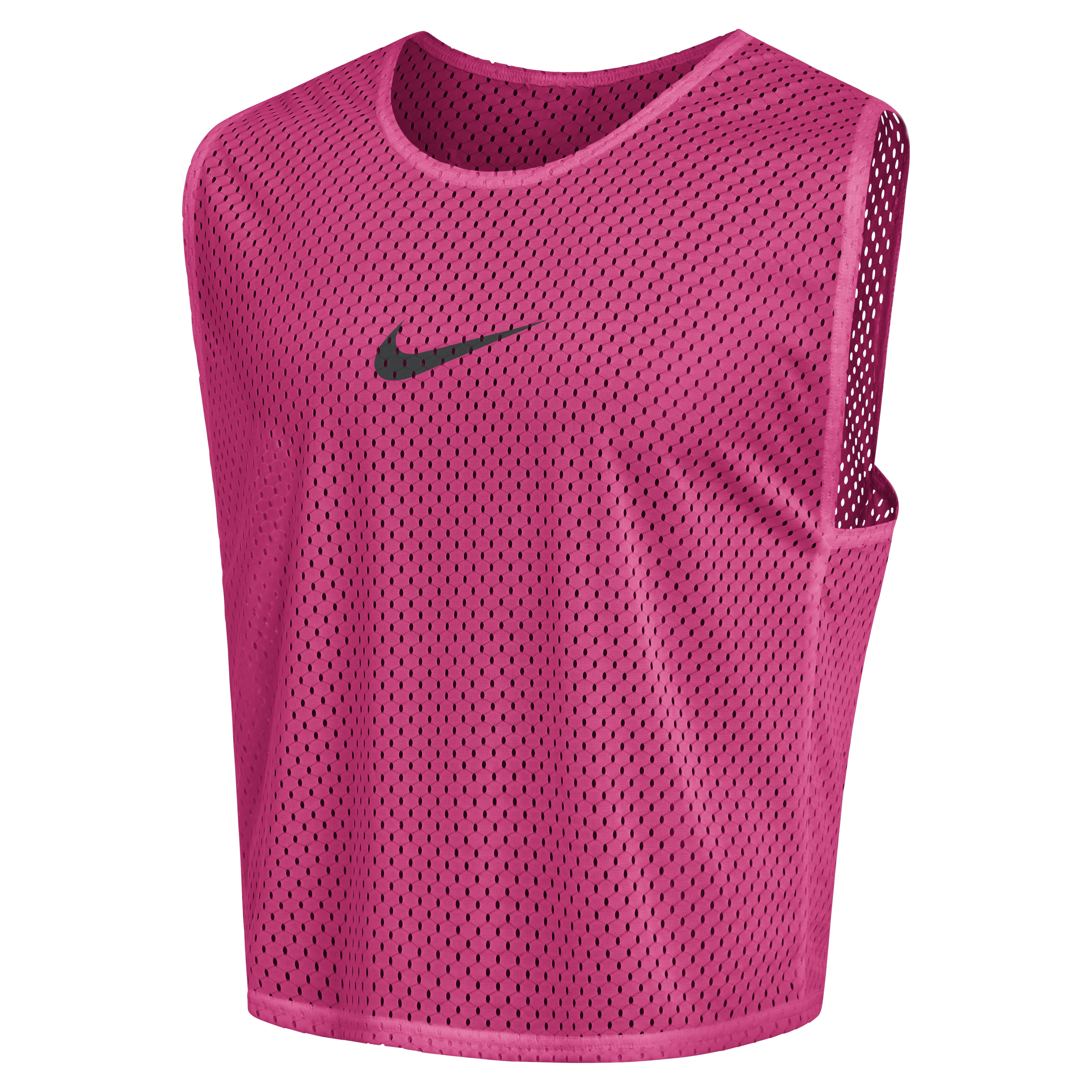 A pink Nike mesh sports bib with a black swoosh logo on the chest.