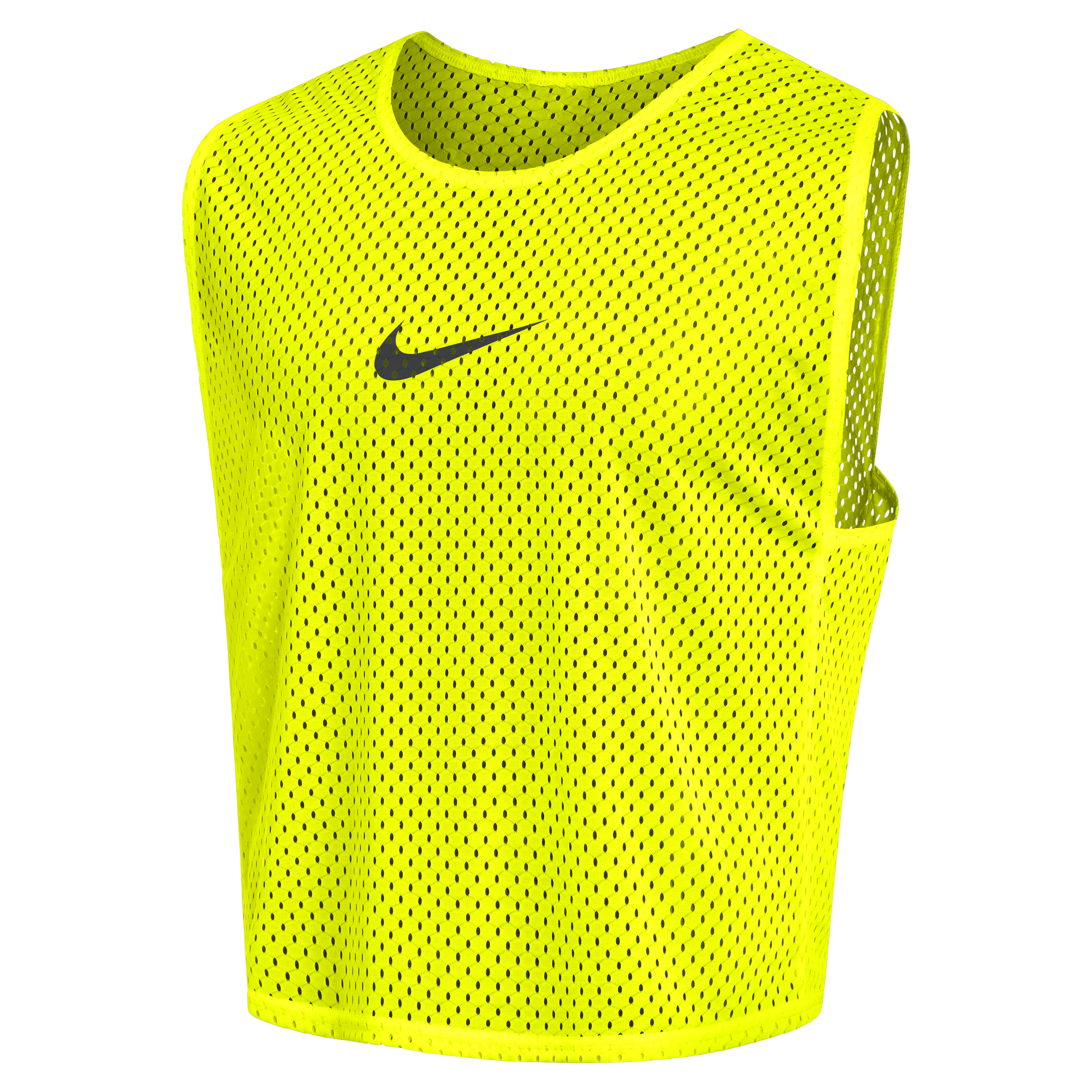 A high-visibility yellow mesh Nike training bib featuring a black swoosh logo on the chest.
