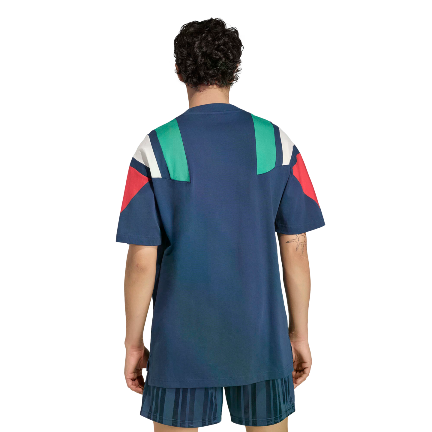 Rear view of a person wearing a navy blue t-shirt with green, white, and red geometric panels on the shoulders and matching blue striped shorts.
