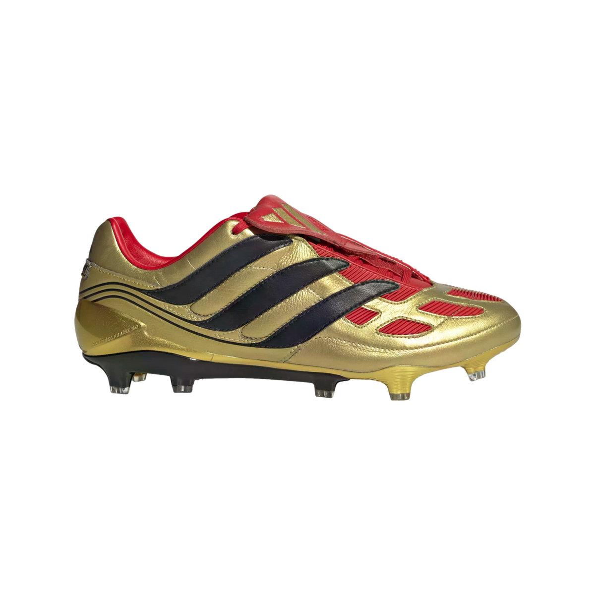 A metallic gold soccer cleat with black stripes, a red fold-over tongue, and clear studs, shown from a side profile against a black background.