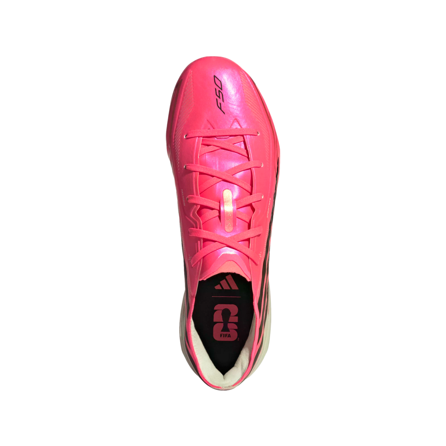 Top-down view of a bright pink Adidas F50 soccer cleat against a white background, featuring pink laces and black branding on the insole.