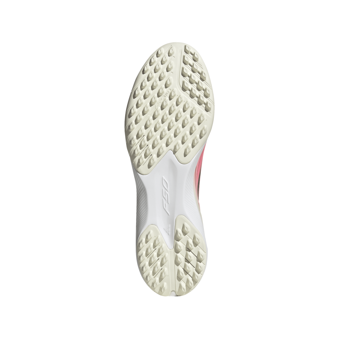 Sole of an off-white F50 turf soccer shoe featuring numerous small rubber studs and a central white bridge with the F50 logo on a plain white background.