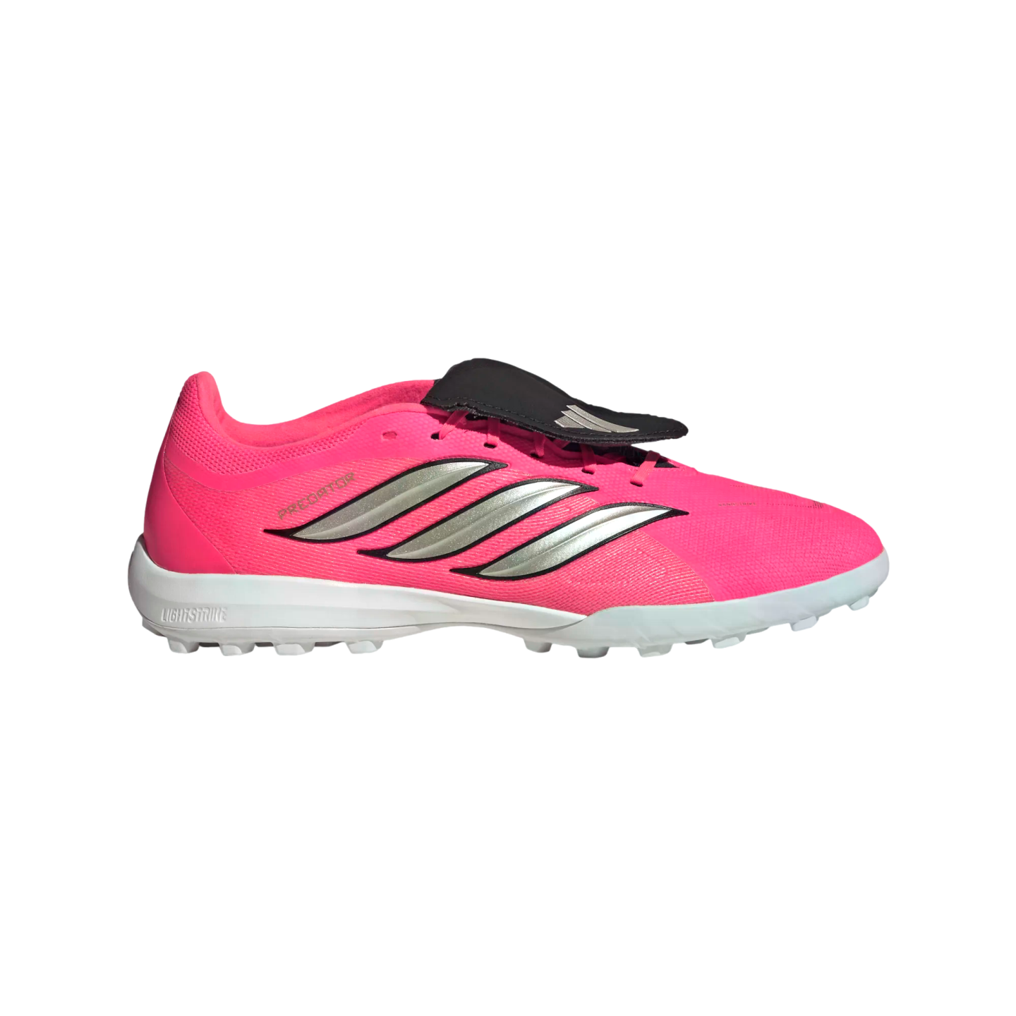 Side profile of a pink Adidas Predator football boot with silver stripes, a black fold-over tongue, and a white studded turf sole.