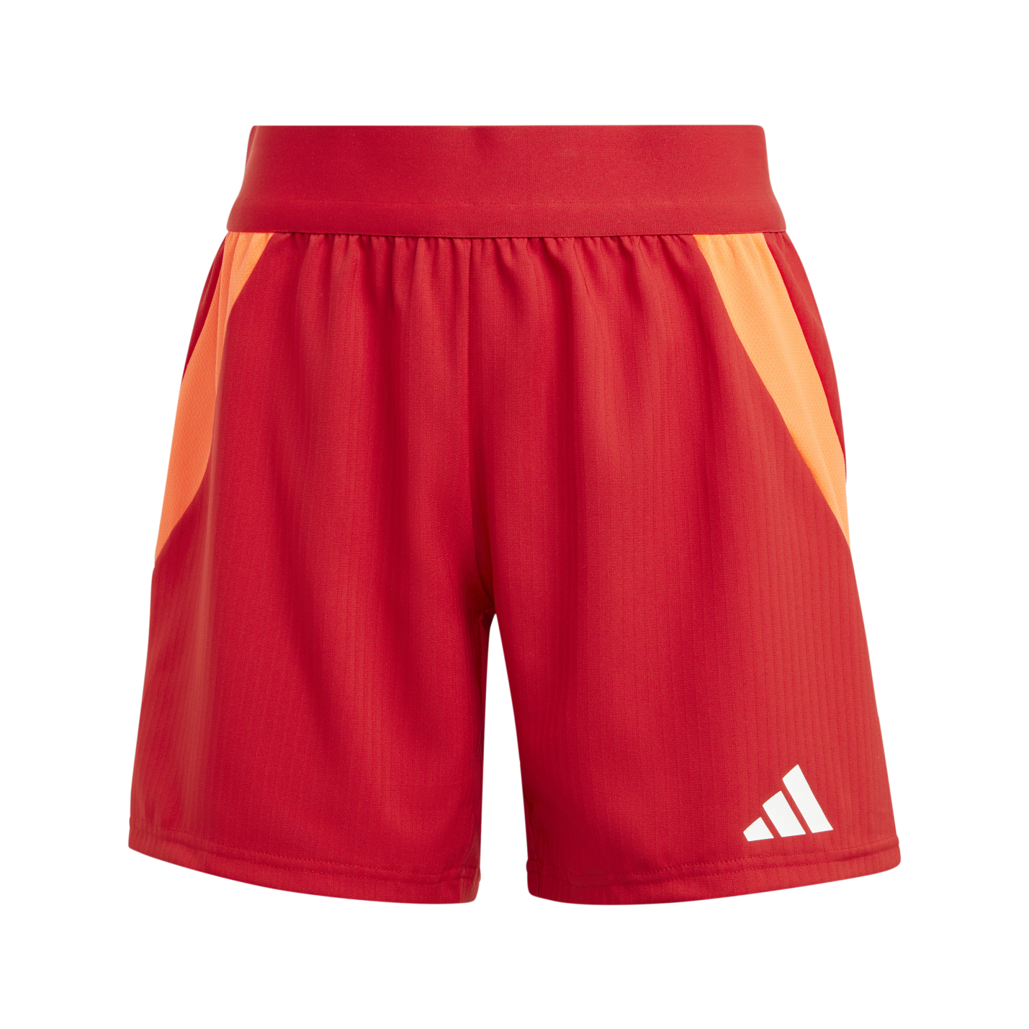 Red athletic shorts with orange side panels and a white Adidas logo on the lower left leg, set against a black background.