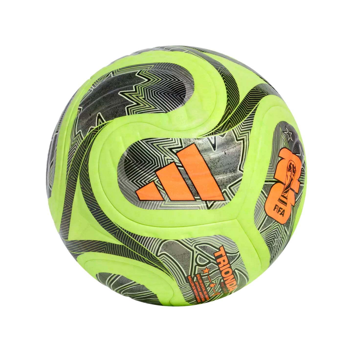 Neon yellow and grey Adidas soccer ball featuring orange logos and a wavy geometric pattern against a black background.