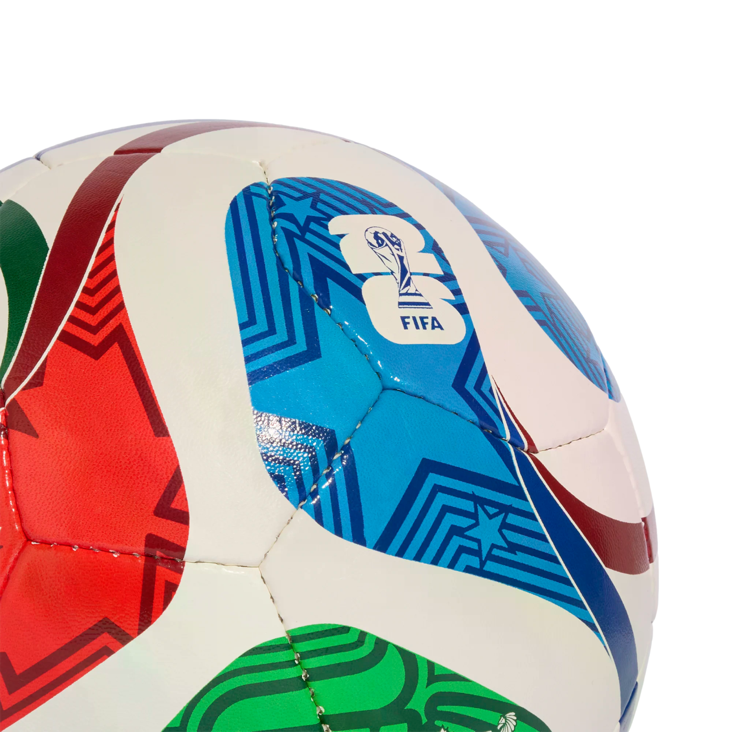 Close-up of a FIFA soccer ball with vibrant red, blue, and green geometric patterns against a black background.