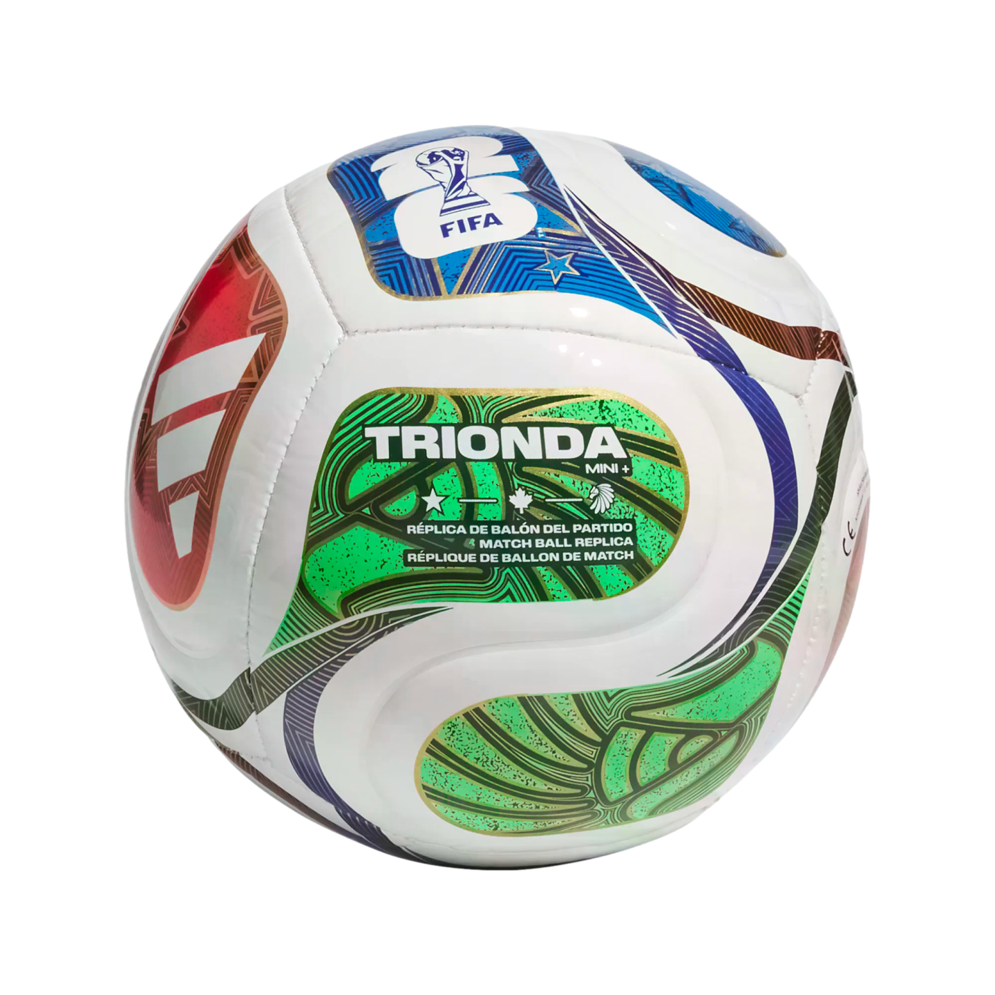 A white FIFA TRIONDA Mini+ replica soccer ball with colorful red, blue, and green graphic patterns, centered on a black background.