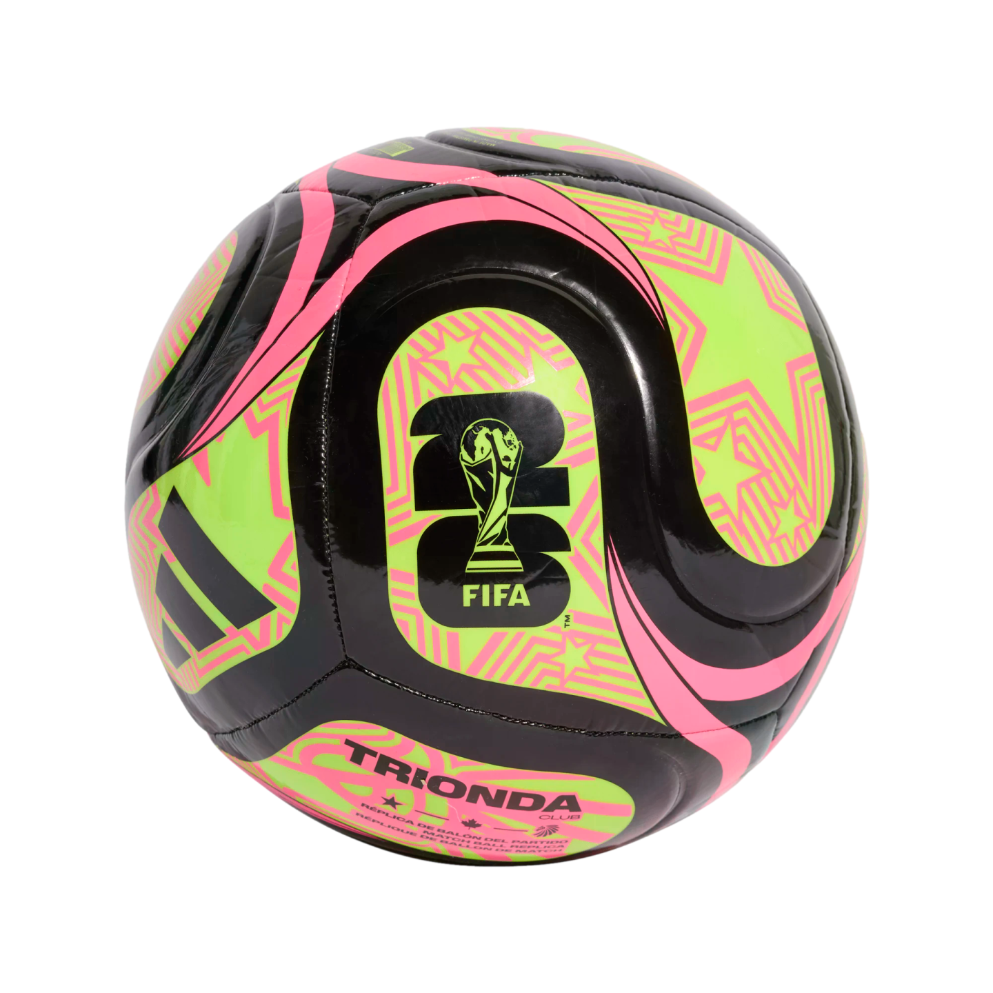 A black soccer ball with neon green and pink geometric patterns, featuring the FIFA 2026 World Cup logo and Adidas branding.