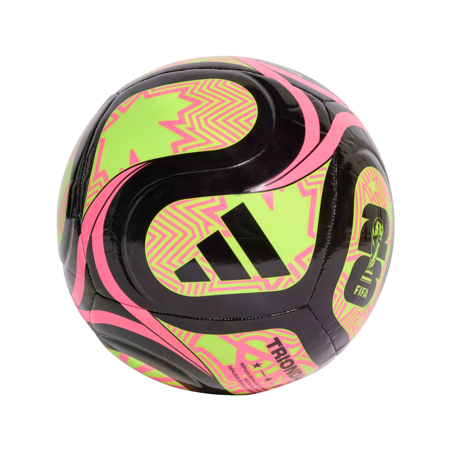 Black Adidas soccer ball with neon green and pink zig-zag patterns and FIFA branding.