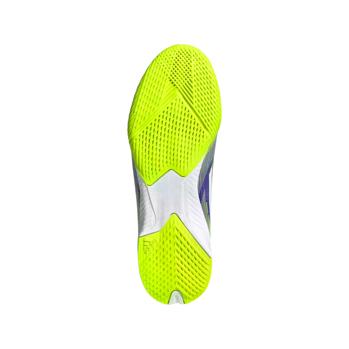 Bottom view of an Adidas sneaker's bright lime green rubber outsole with intricate tread patterns and white midfoot accents, set against a black background.