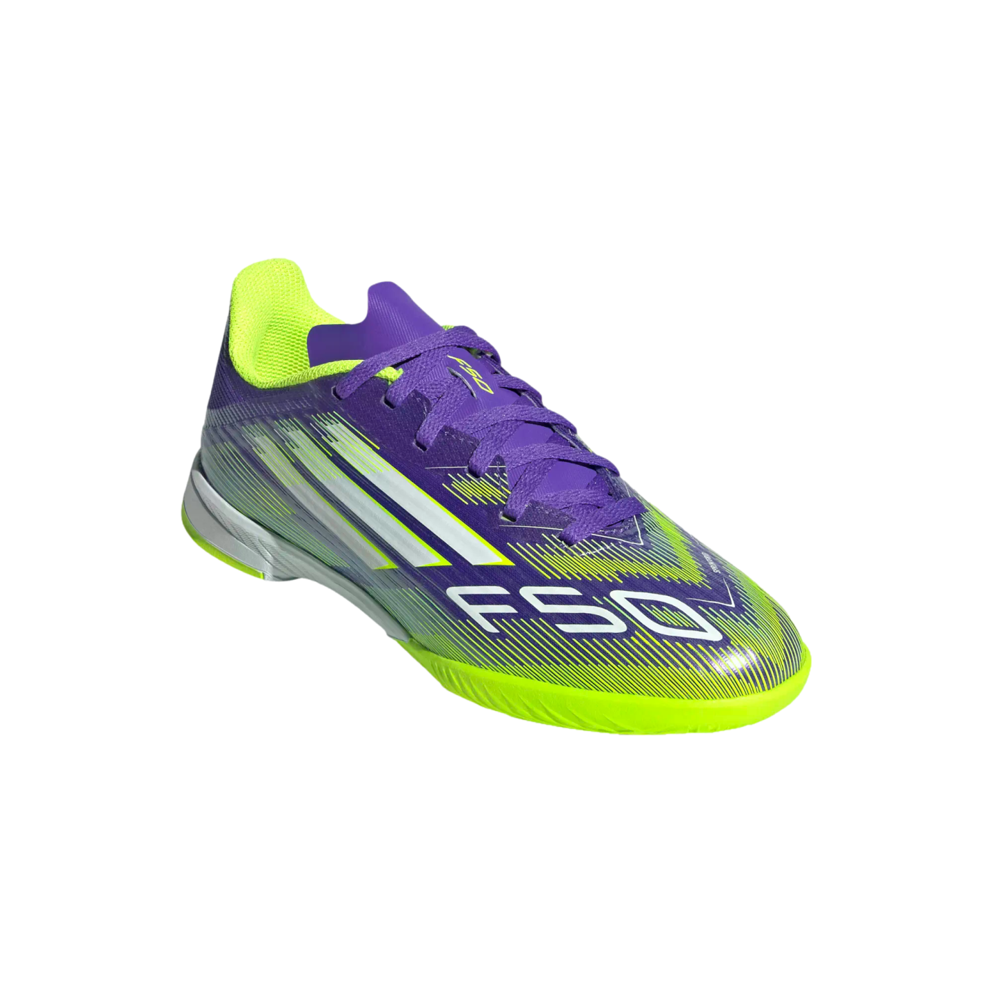 A purple and neon yellow Adidas F50 indoor soccer shoe with white stripes and "F50" lettering, set against a black background.