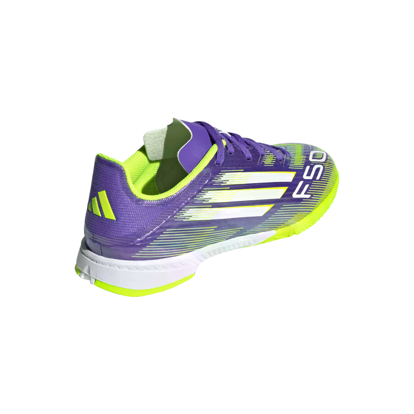 A purple and neon yellow Adidas F50 indoor soccer shoe with white stripes, shown from a rear-three-quarter angle against a black background.