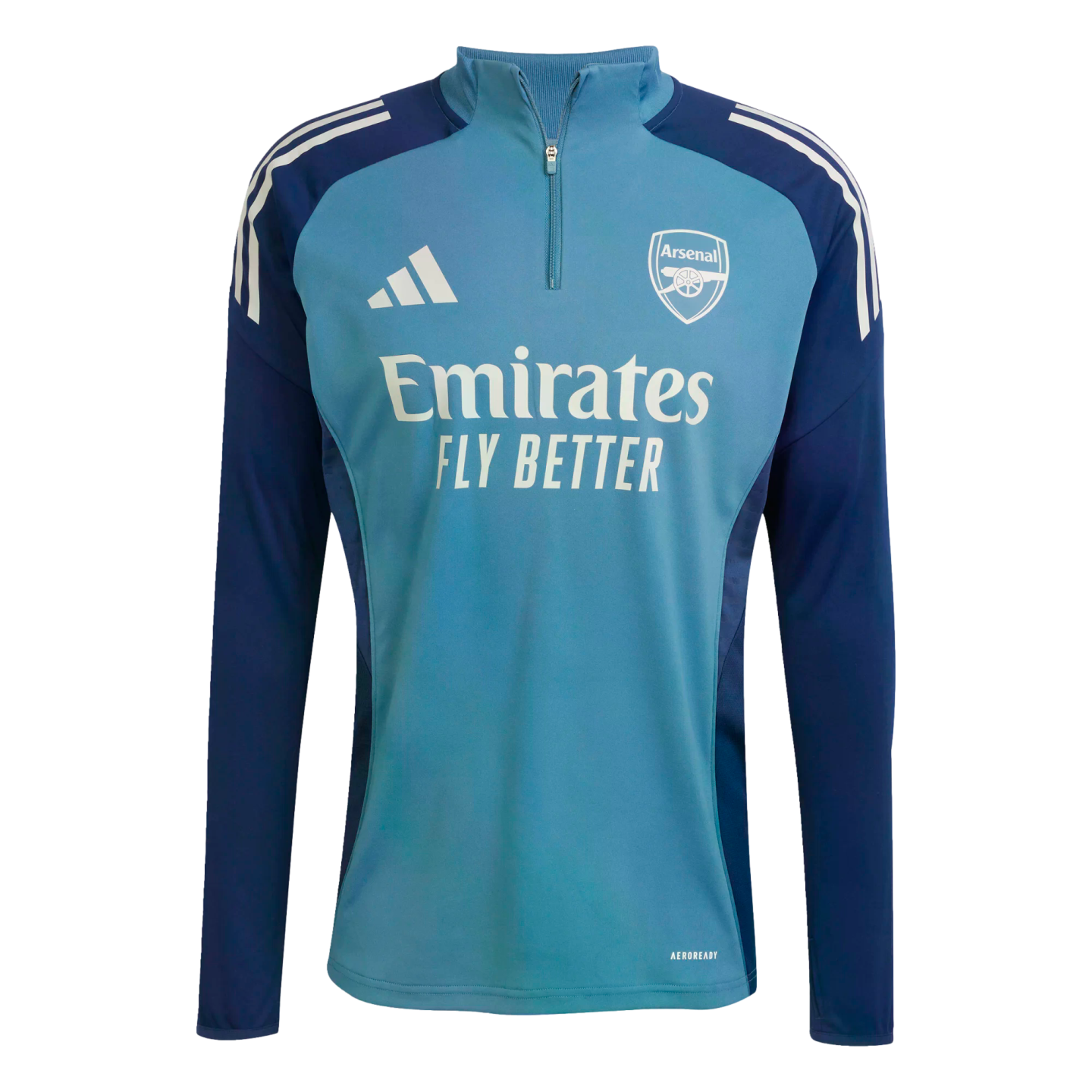 Light and dark blue Adidas Arsenal training top with a quarter-zip. Features the club crest, Adidas logo, and "Emirates FLY BETTER" sponsor.