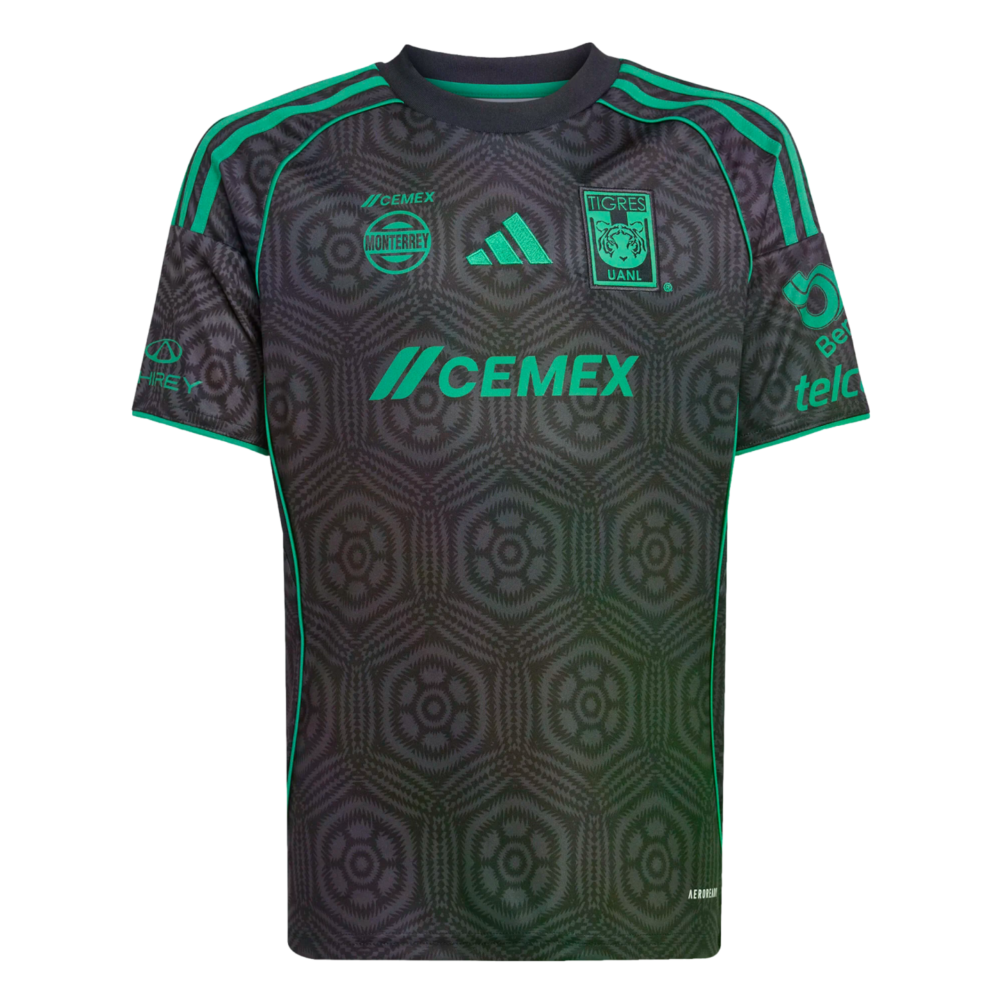 Dark grey Tigres UANL soccer jersey with bright green accents and an intricate geometric pattern. Features Adidas, CEMEX, and team logos.