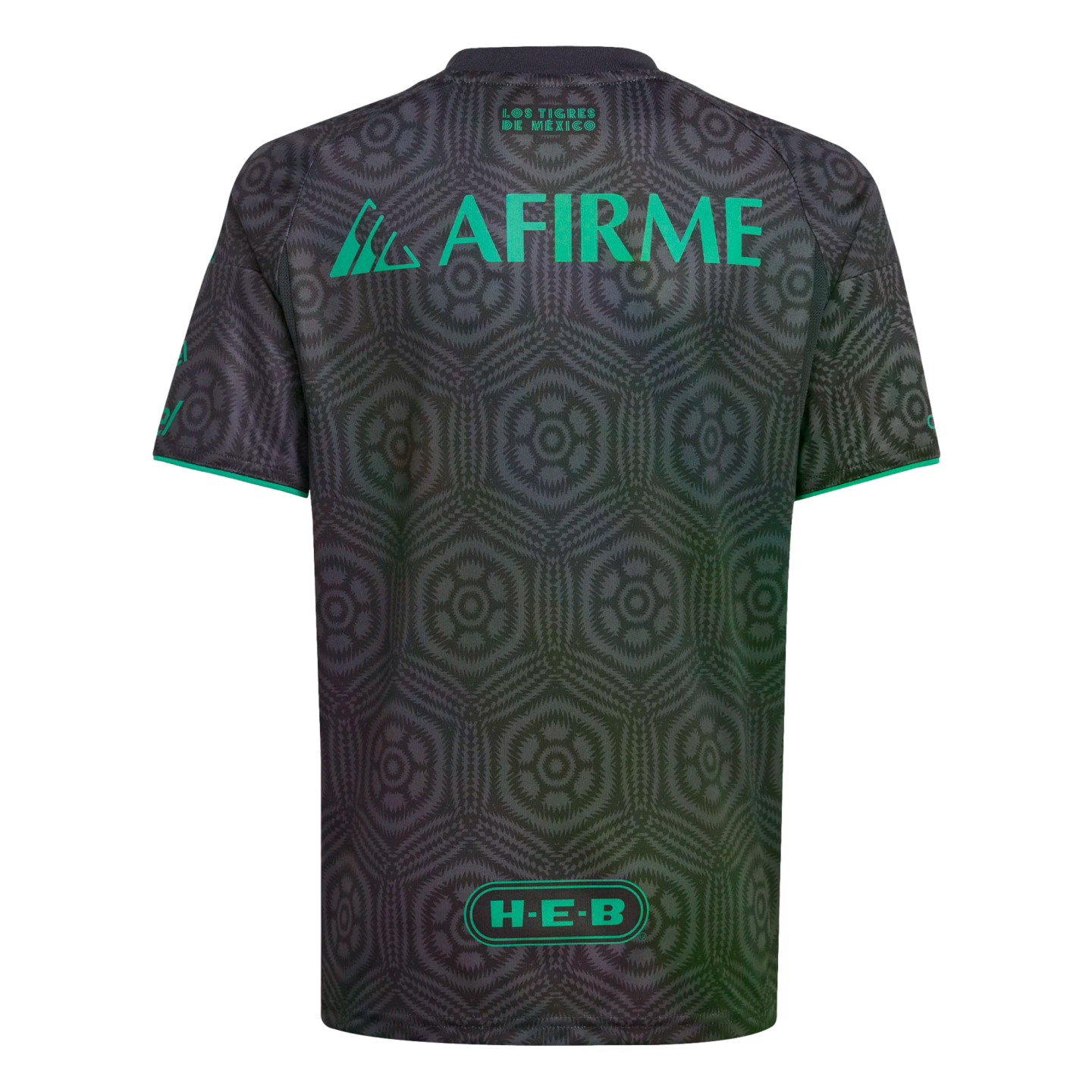 Back of a dark grey soccer jersey with a subtle hexagonal pattern. It features bright teal logos for AFIRME and H-E-B, and text reading "LOS TIGRES DE MÉXICO" at the top.