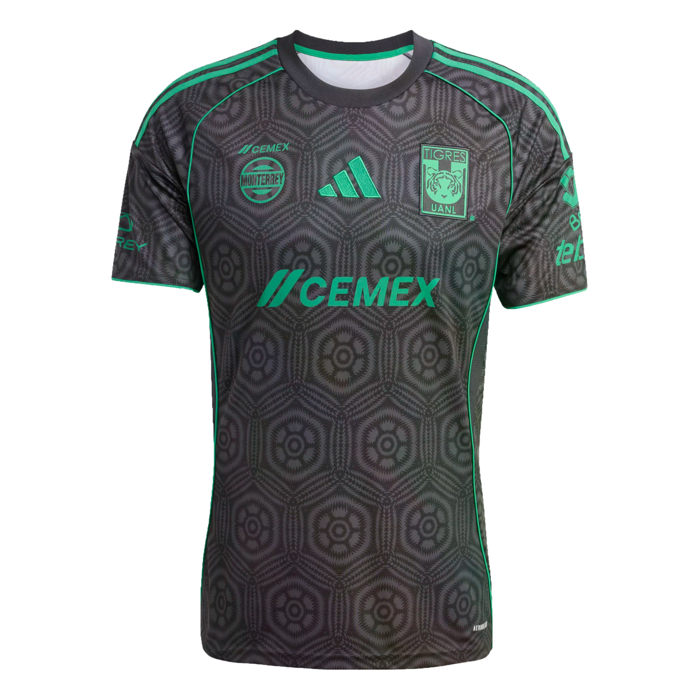 A black soccer jersey with a dark gray hexagonal pattern and bright green accents. It features the Cemex logo on the chest and the Tigres UANL club crest.