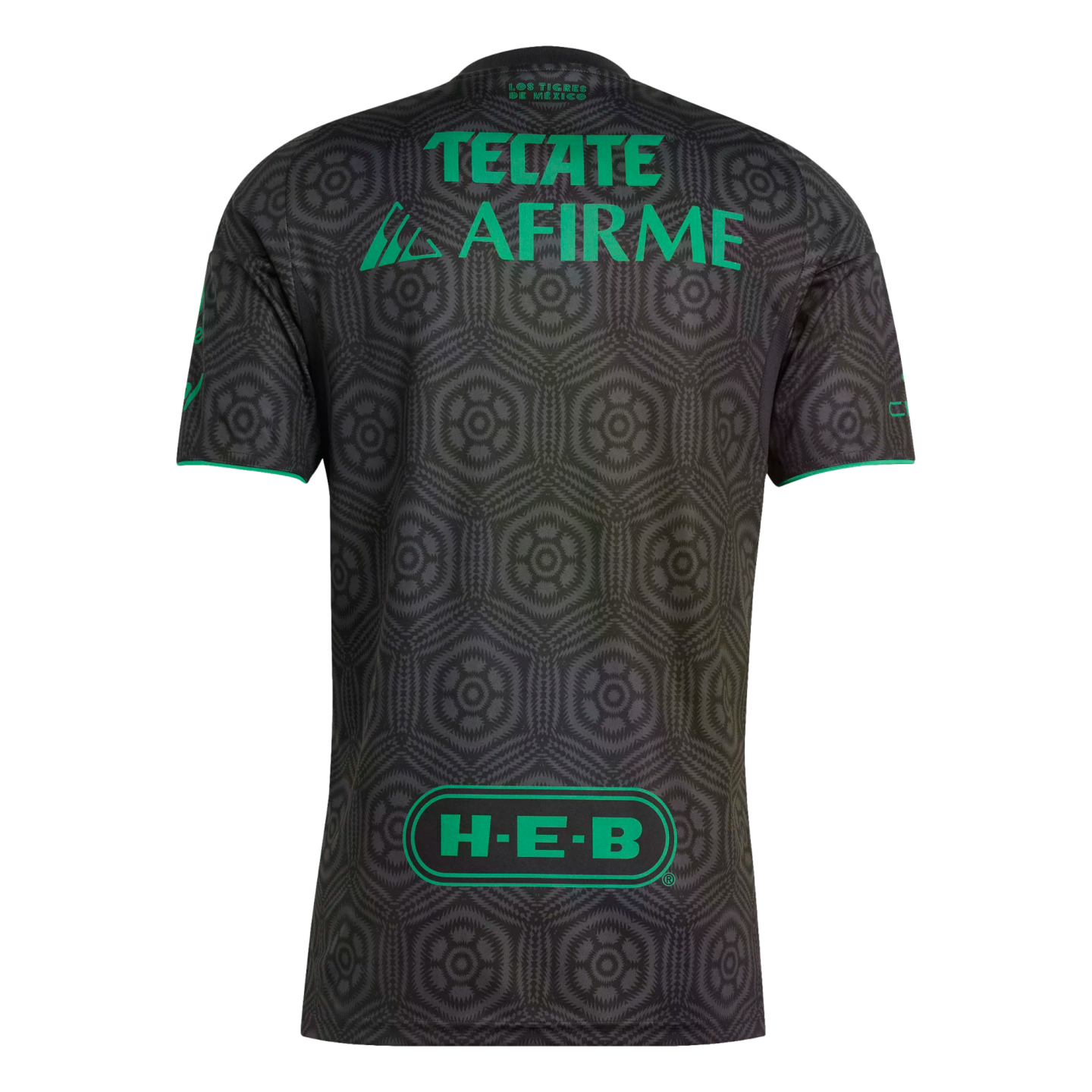 Back view of a gray soccer jersey with a black hexagonal pattern and bright green sponsor logos (Tecate, Afirme, and H-E-B) on the center and bottom.
