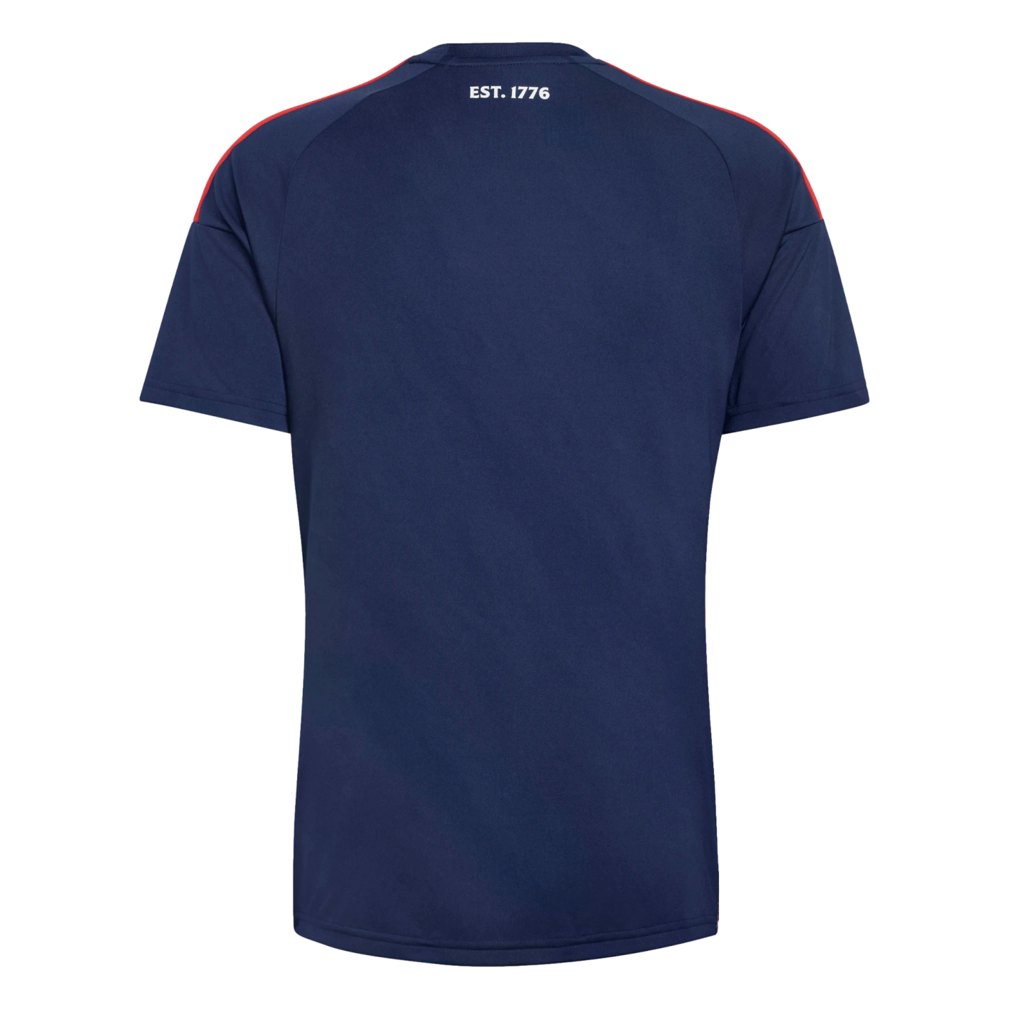 The back of a navy blue t-shirt featuring red shoulder stripes and "EST. 1776" printed in white near the neckline, shown against a black background.