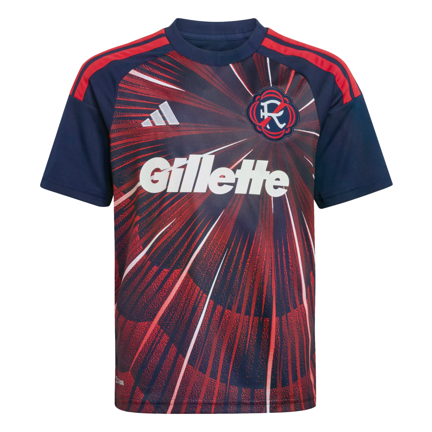 A navy and red youth soccer jersey with a sunburst graphic. Features a white Gillette logo, Adidas logo, and team crest. Navy sleeves have red stripes.