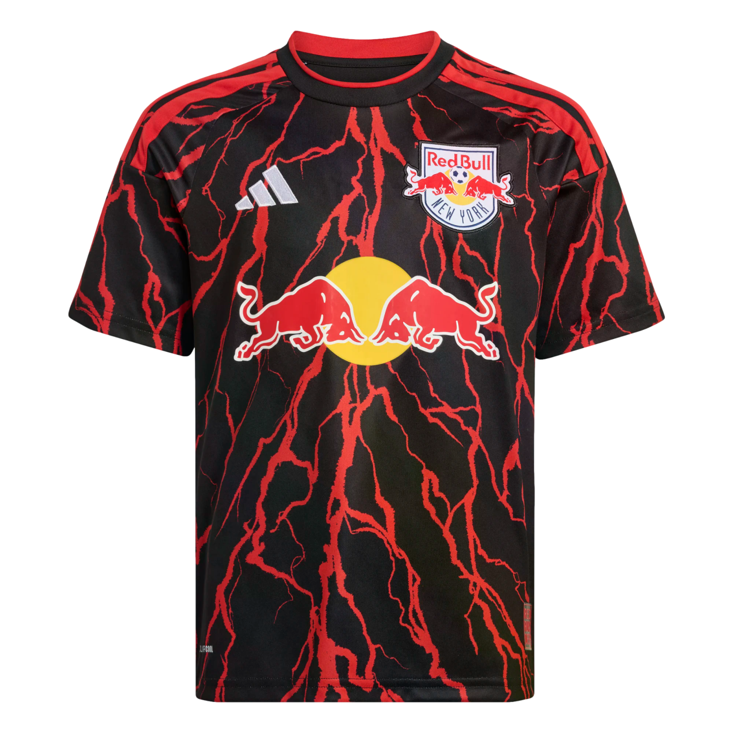 Black New York Red Bulls soccer jersey featuring a red lightning pattern and the team's Red Bull logo on the chest.
