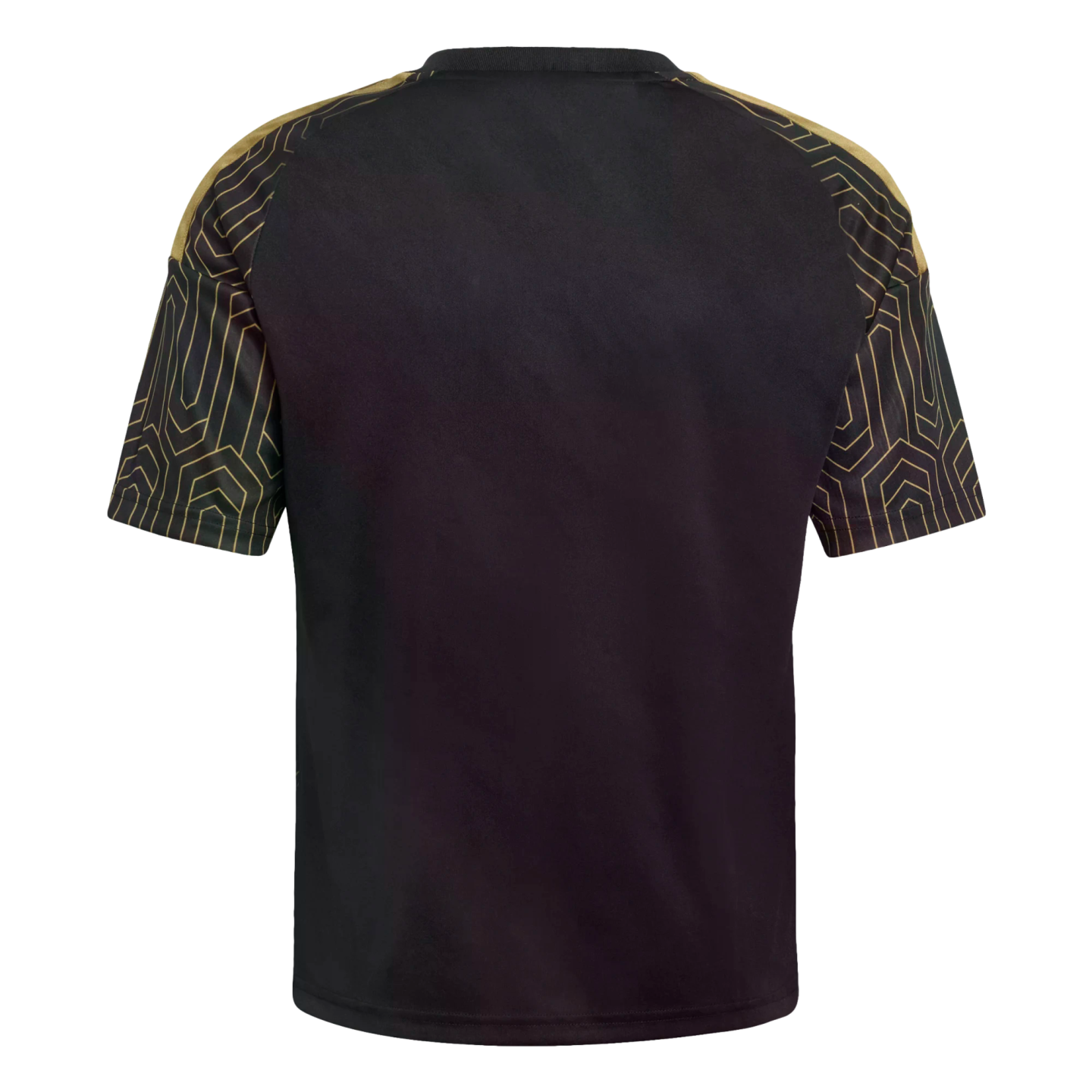 Back view of a black short-sleeved shirt with gold geometric patterns on the shoulders and sleeves.
