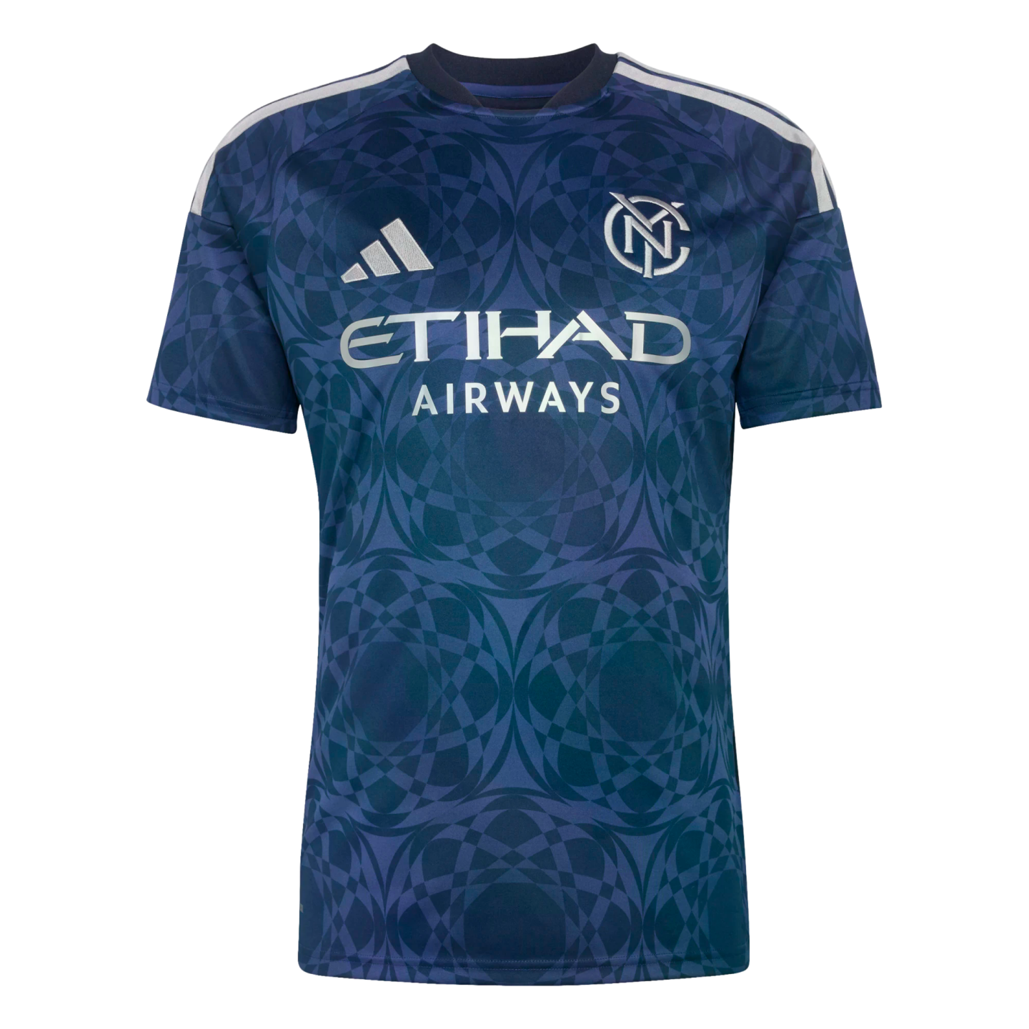 Navy and teal Adidas NYCFC soccer jersey featuring an intricate geometric pattern, silver Etihad Airways sponsorship, and white shoulder stripes.