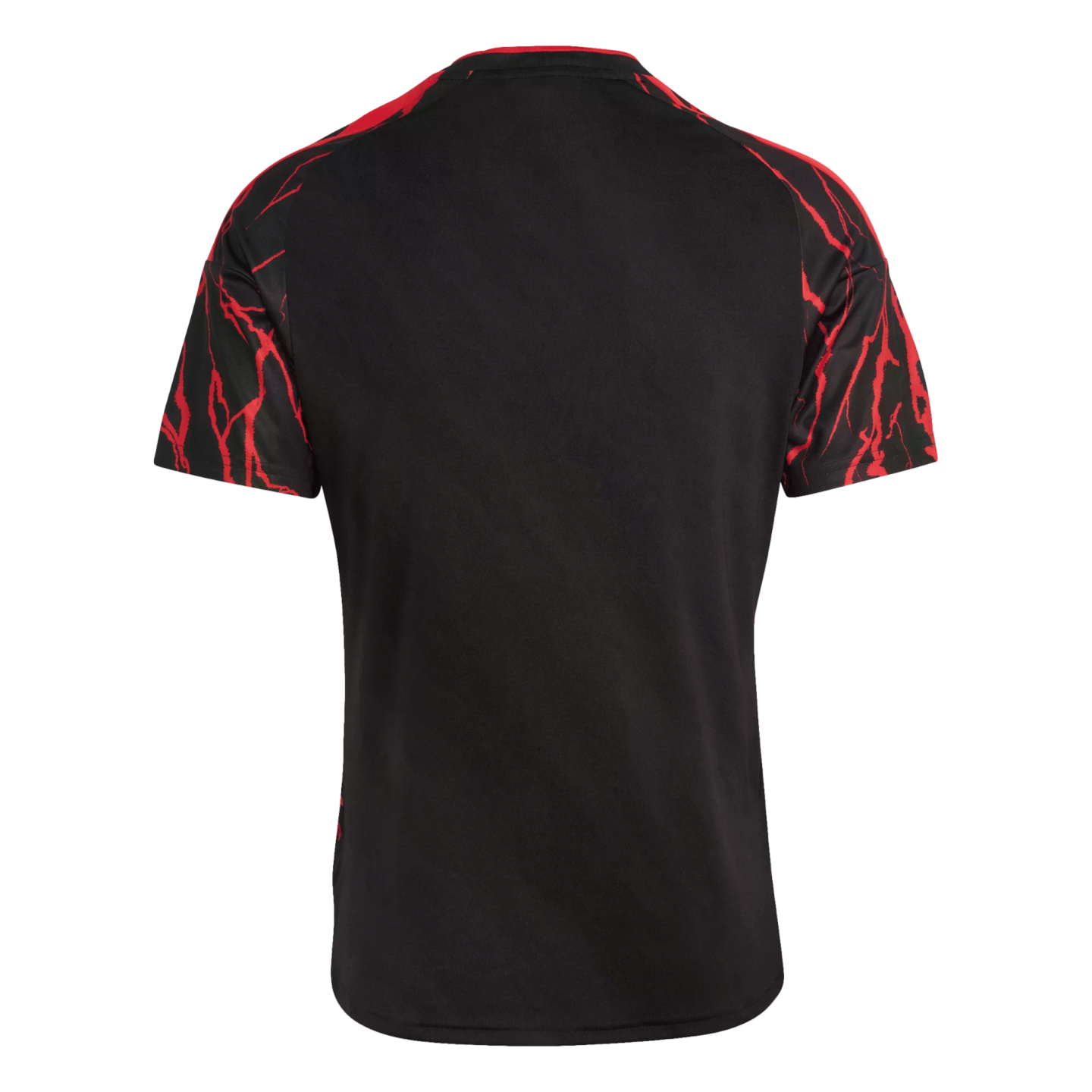 Back view of a black short-sleeved jersey featuring red lightning-like patterns on the shoulders and sleeves.