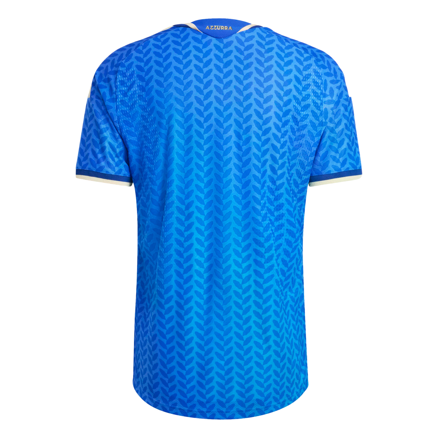 Back view of a blue soccer jersey with a dark blue leaf pattern, white and gold trim, and the word "AZZURRA" printed in gold on the back collar.