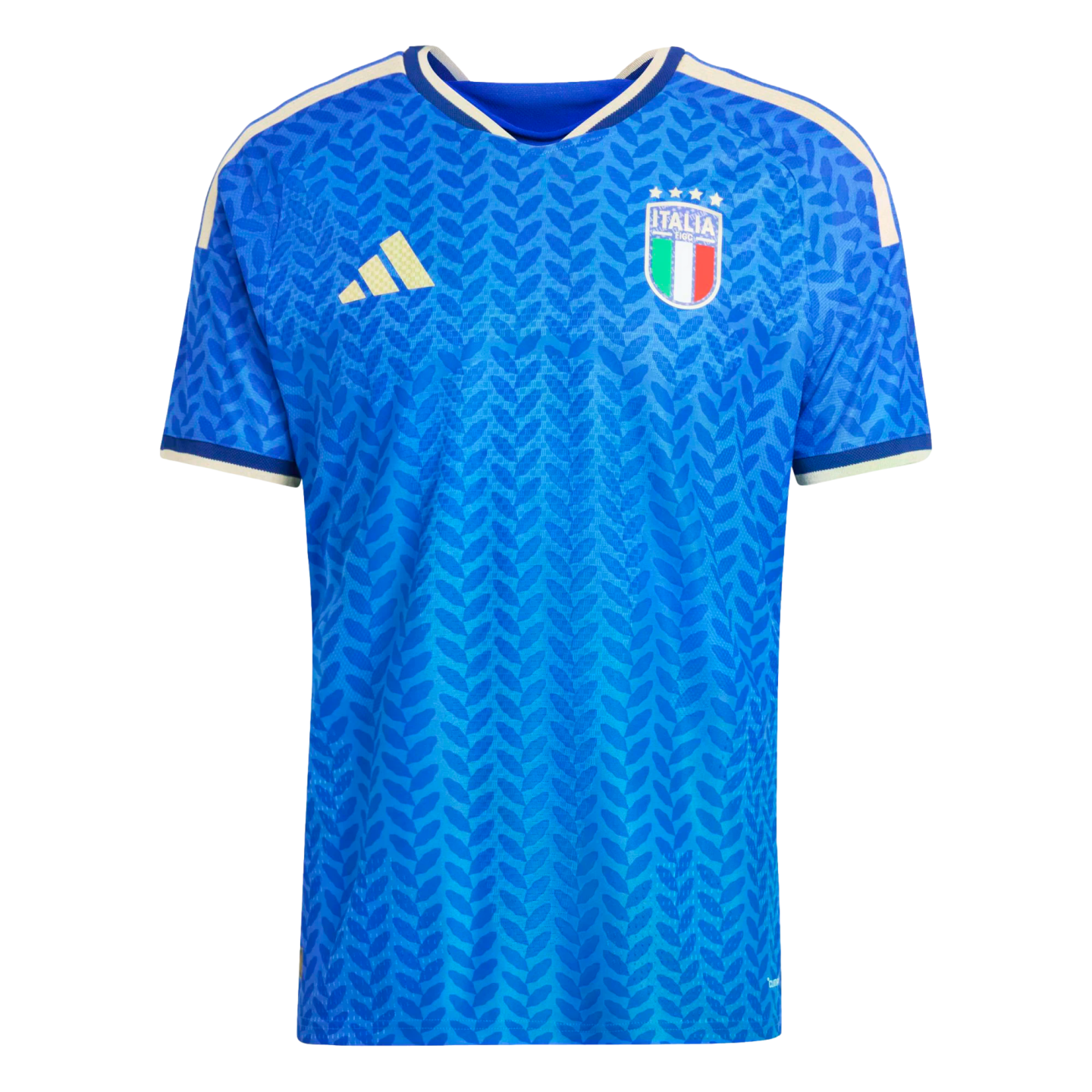 Blue Italy national football team home jersey featuring an all-over leaf pattern, white shoulder stripes, and the official team crest.