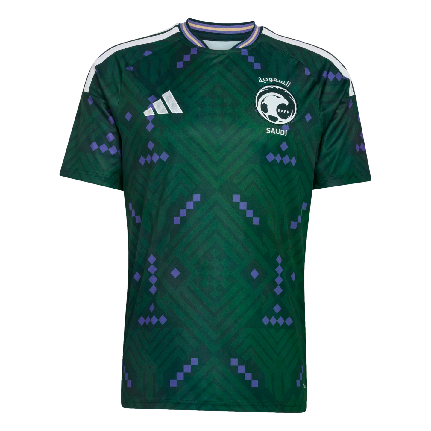 Dark green Adidas Saudi Arabia national team football jersey with geometric patterns and purple square accents.
