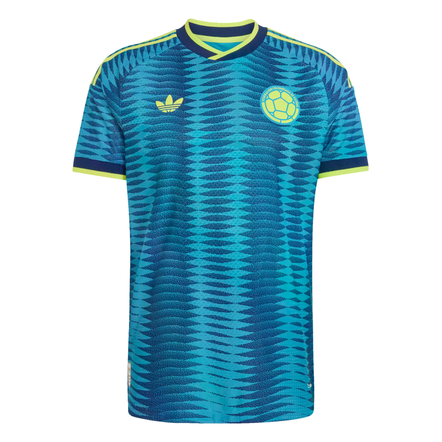 Teal and navy patterned Colombia soccer jersey with yellow trim, featuring the Adidas trefoil logo and team crest on the chest.