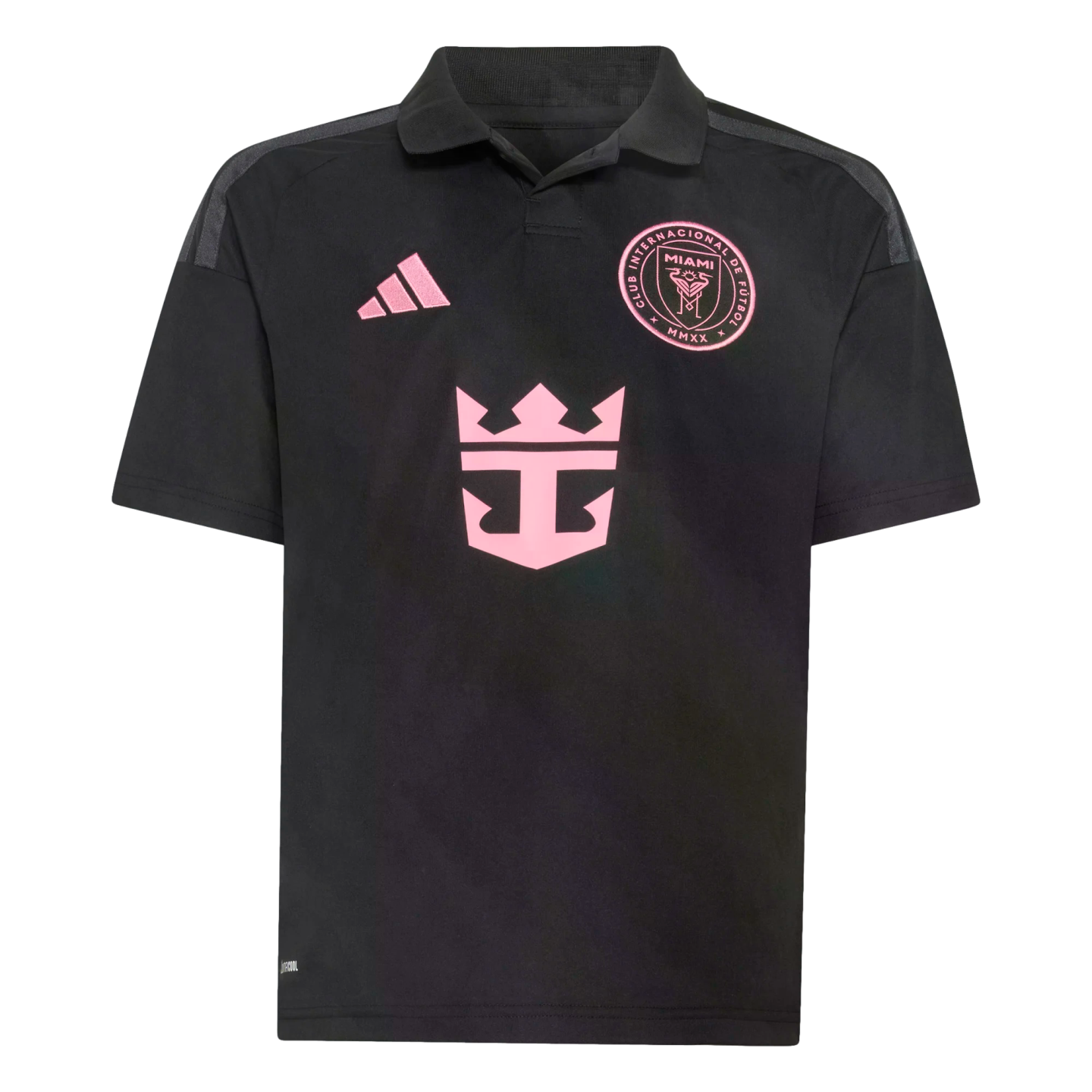 A black Inter Miami CF soccer jersey with pink accents, featuring the Adidas logo, team crest, and Royal Caribbean sponsor logo. It has a black polo collar.