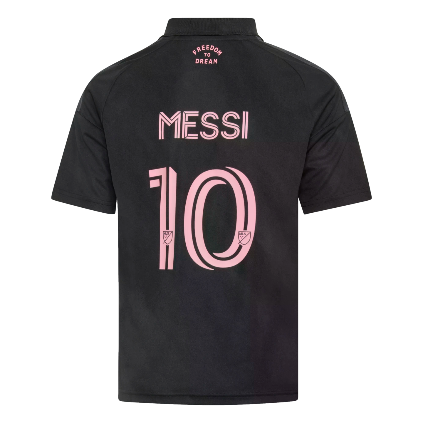 Back view of a black soccer jersey with pink text reading "MESSI" and a large number 10. The words "FREEDOM TO DREAM" are printed in pink near the collar.