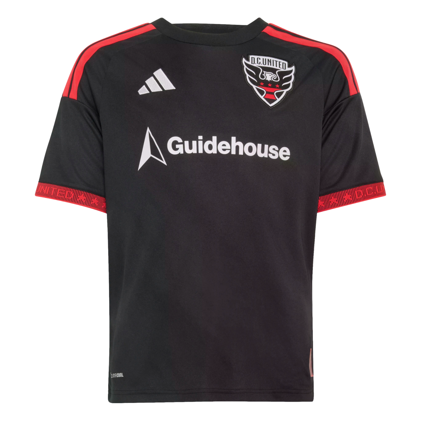 A black short-sleeved D.C. United soccer jersey featuring the team crest, white Adidas and Guidehouse logos, and red stripes on the shoulders and sleeve cuffs.