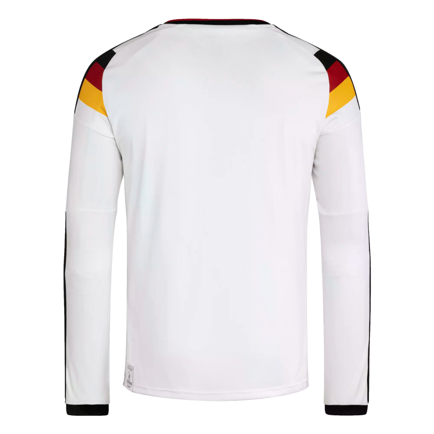 Back view of a white long-sleeved Germany national football team jersey with the black, red, and yellow colors of the German flag on the shoulders.