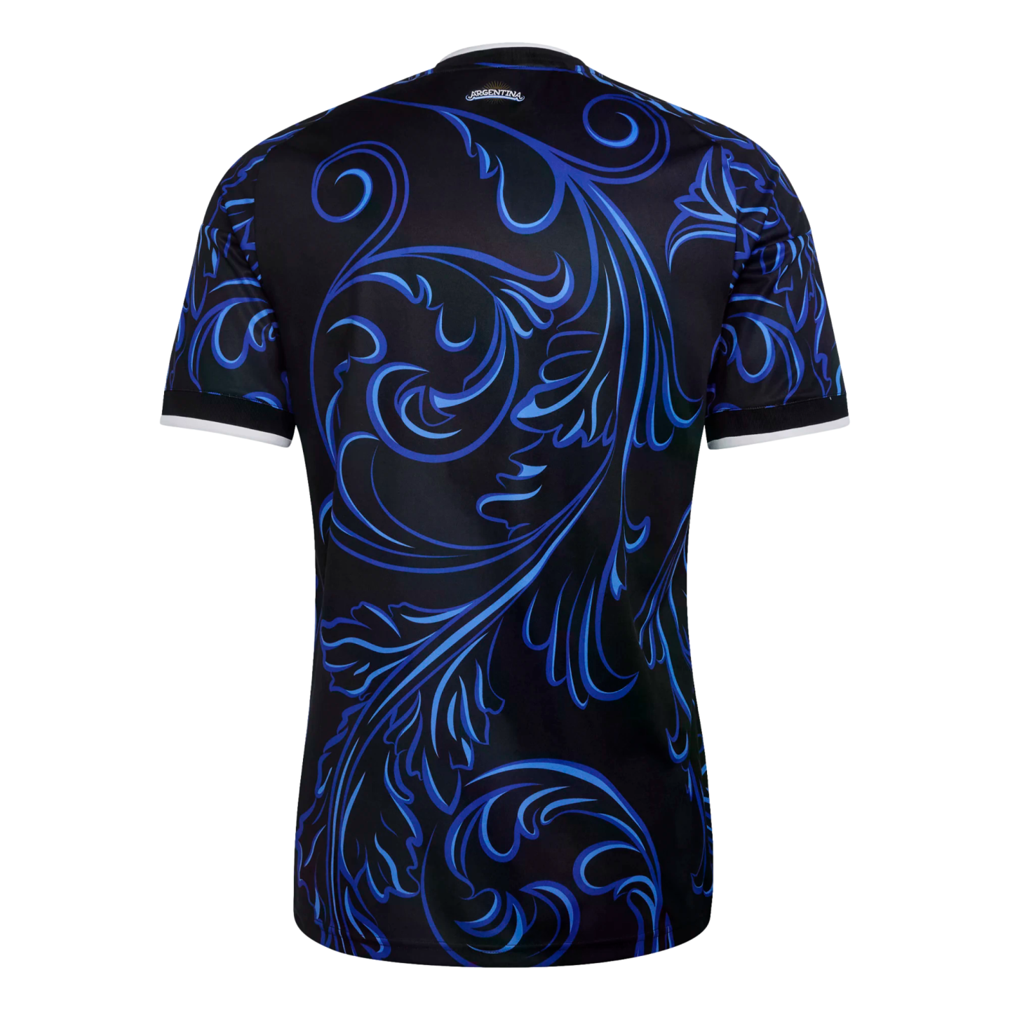 Back view of a black soccer jersey featuring a large, vibrant blue filigree pattern. It includes a small white Argentina logo below the collar and white trim on the short sleeve cuffs.