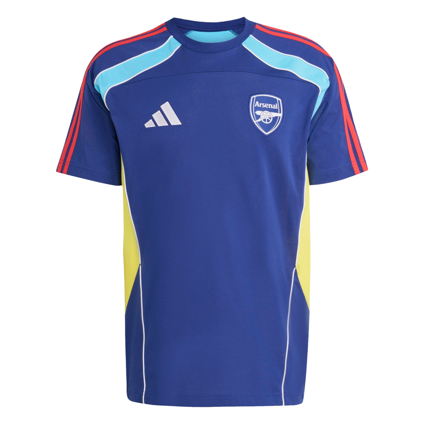 A blue Adidas Arsenal training shirt with light blue shoulder panels, red sleeve stripes, and yellow side sections. It features the club crest and white logo on the chest.