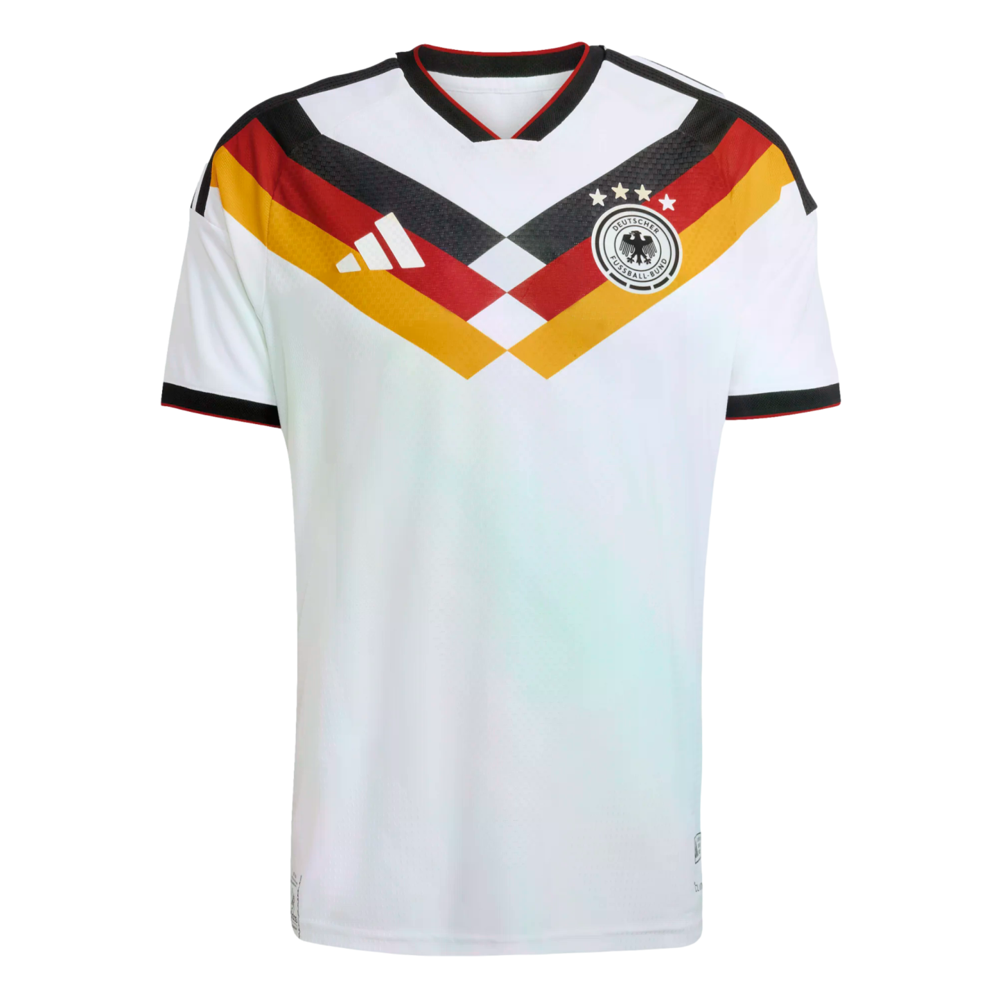 White Germany home football jersey featuring a black, red, and gold geometric chest design, Adidas logo, and team crest with four stars.