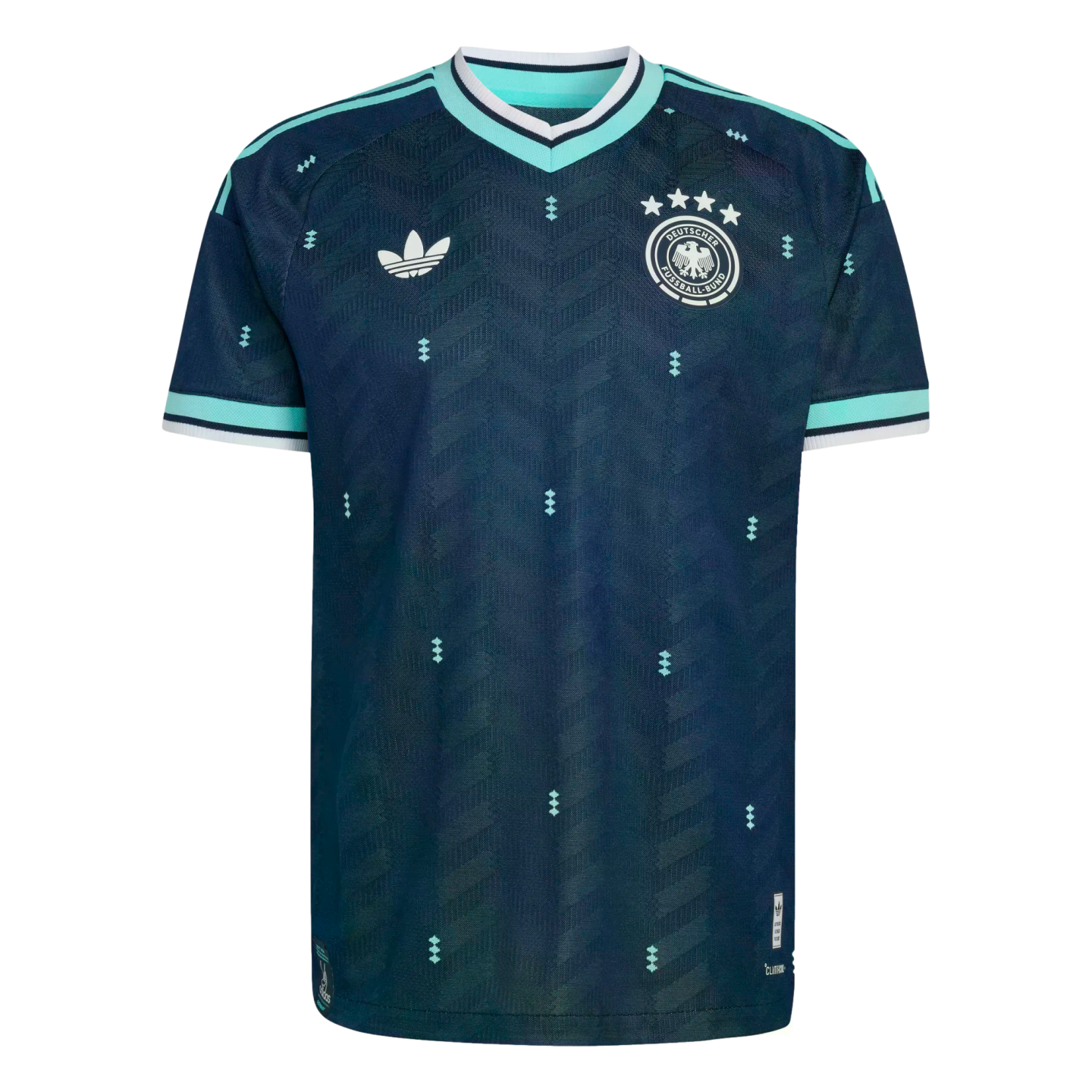 Dark blue Adidas Germany soccer jersey with light teal trim, a subtle chevron pattern, and small teal diamond motifs throughout.