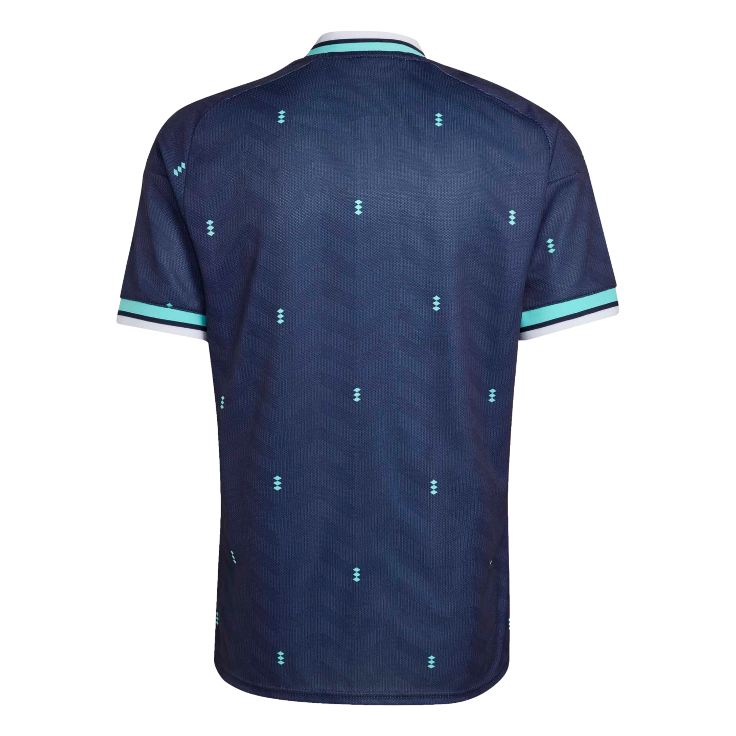 Back view of a navy blue short-sleeved jersey featuring a repeating pattern of small teal diamonds and teal-and-white striped trim on the collar and sleeve cuffs.